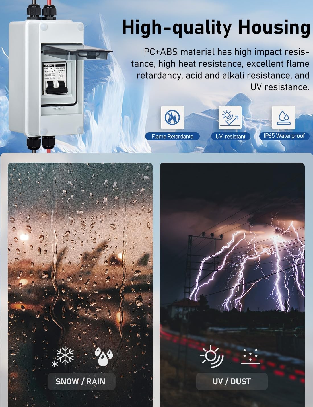 AC DC Circuit Breaker with IP65 Din Box for Solar Systems, 60 Amp 2 Pole 12V-400