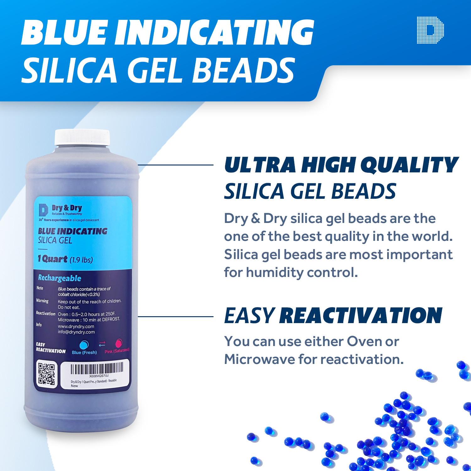 1 Quart Blue Silica Gel Bead in Round Bottle(Air Tight Cap) – 1.9 LBS Reusable