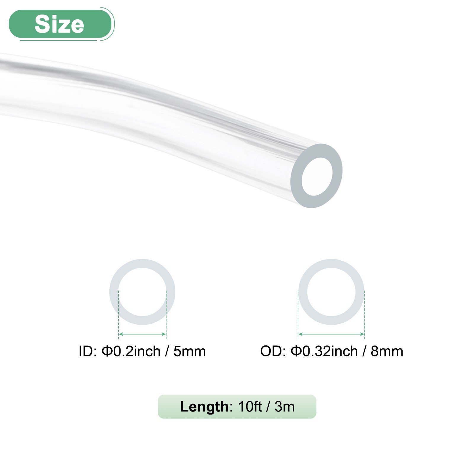 Clear Plastic Tubing, 0.2Inch(5mm) ID 0.32Inch(8mm) OD, 10ft(3.0m) Length