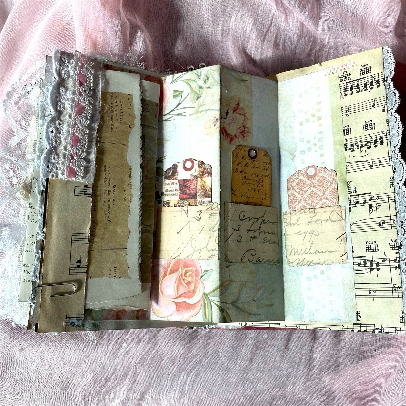 Handmade Vintage Silk Fabric Junk Journal Book Romantic Floral 2 Signatures Lace