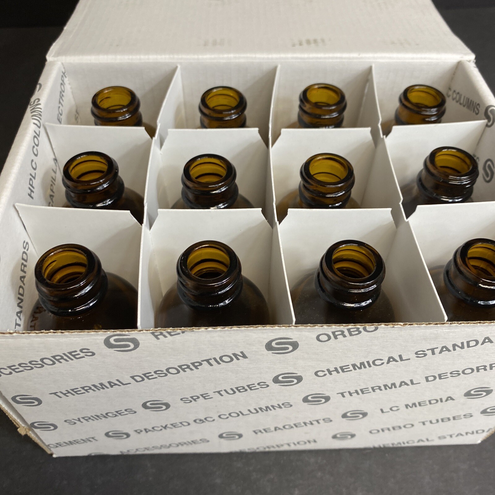Supelco Amber Glass Bottle 2 oz with Crimp Cap Neck Total of 12 Bottles