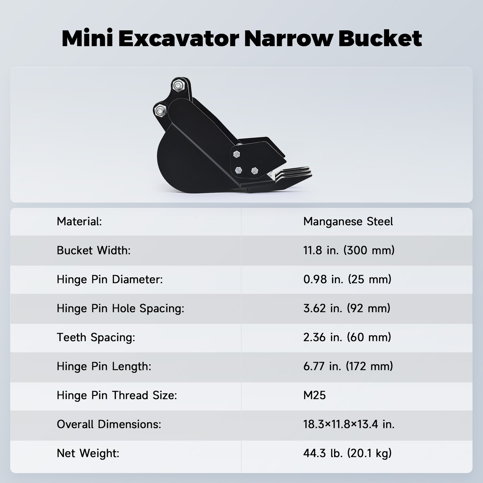 12 in 300mm Narrow Bucket For 0.8-1.8 Tons Mini Excavator Attachments