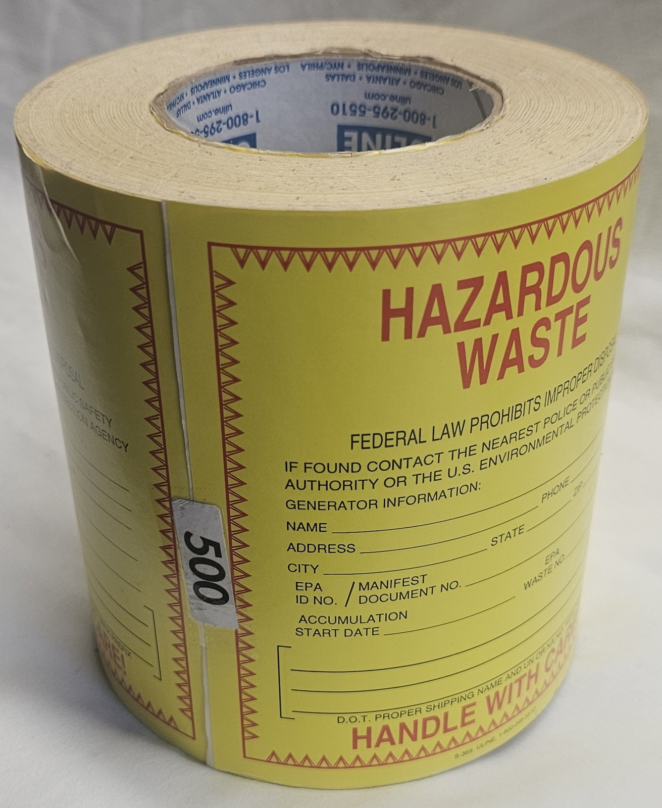 Uline S-369 Vinyl Hazard Labels Hazardous Waste 6″×6″ Adhesive Stickers Roll 500