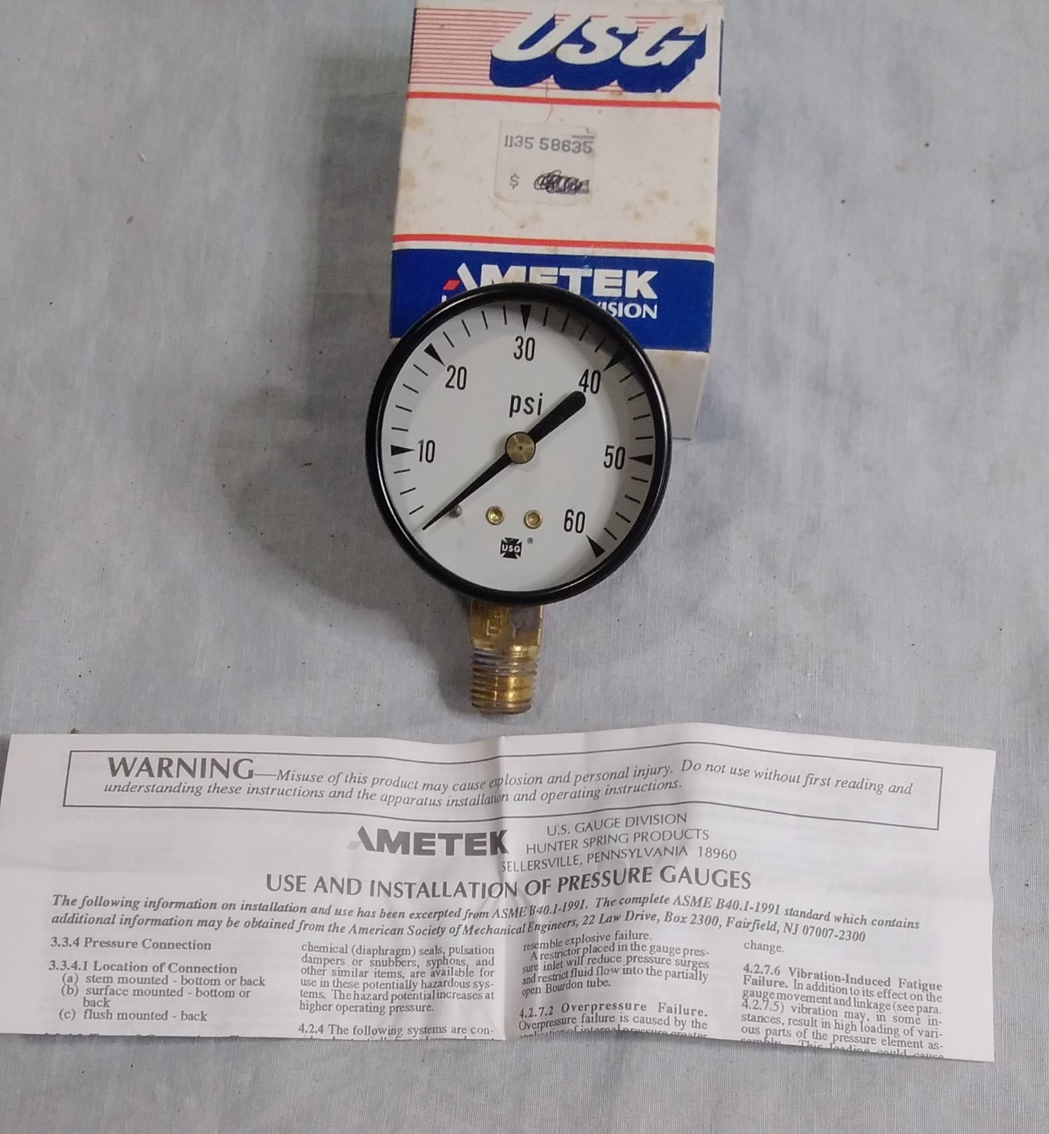 USG AMETEK 0-60 PSI 2″ DIAL 1/4″ NPT PIPE PRESSURE GAUGE