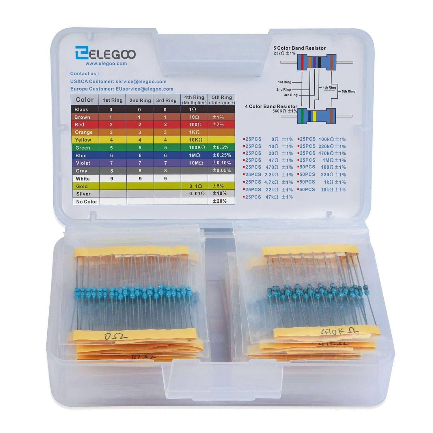 17-Value 0-1M Ohm Resistor Assortment with Color Code Guide & Compliance