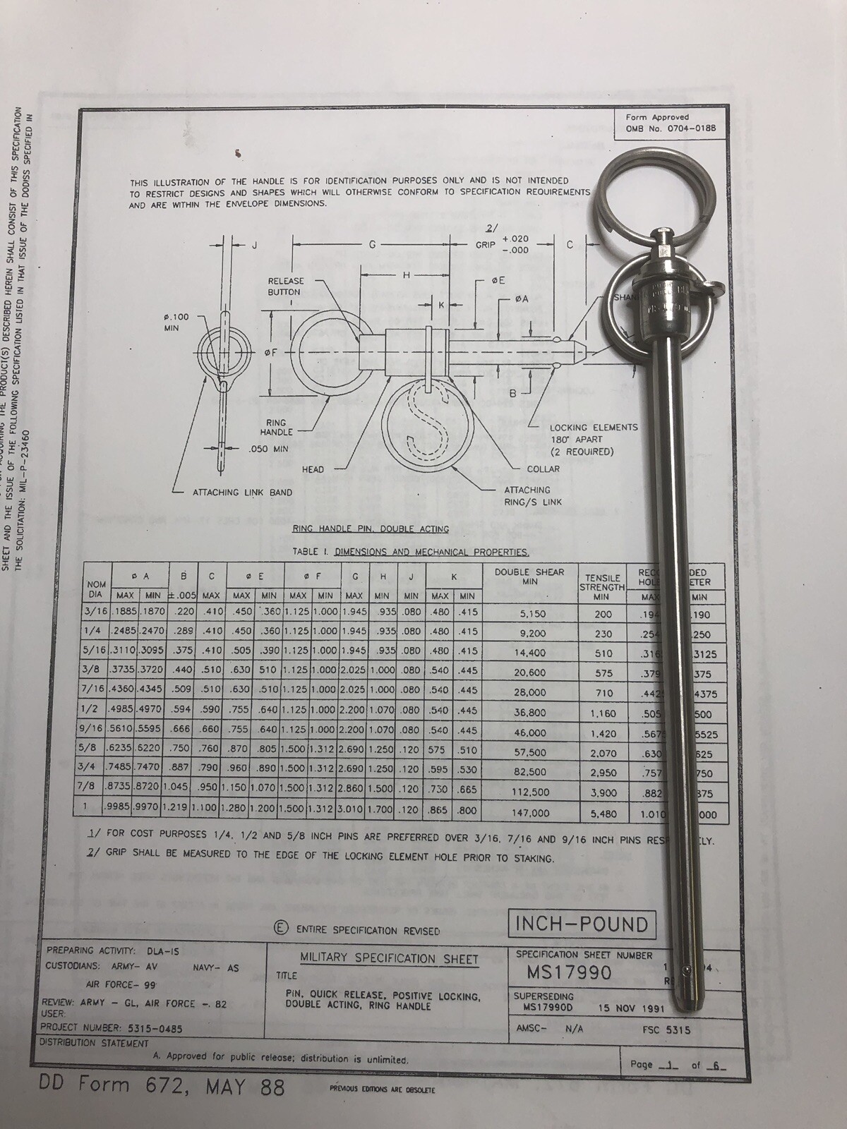 MS17990C453 1/4” Quick Release Pin, 5.300” Grip, Stainless Double Acting