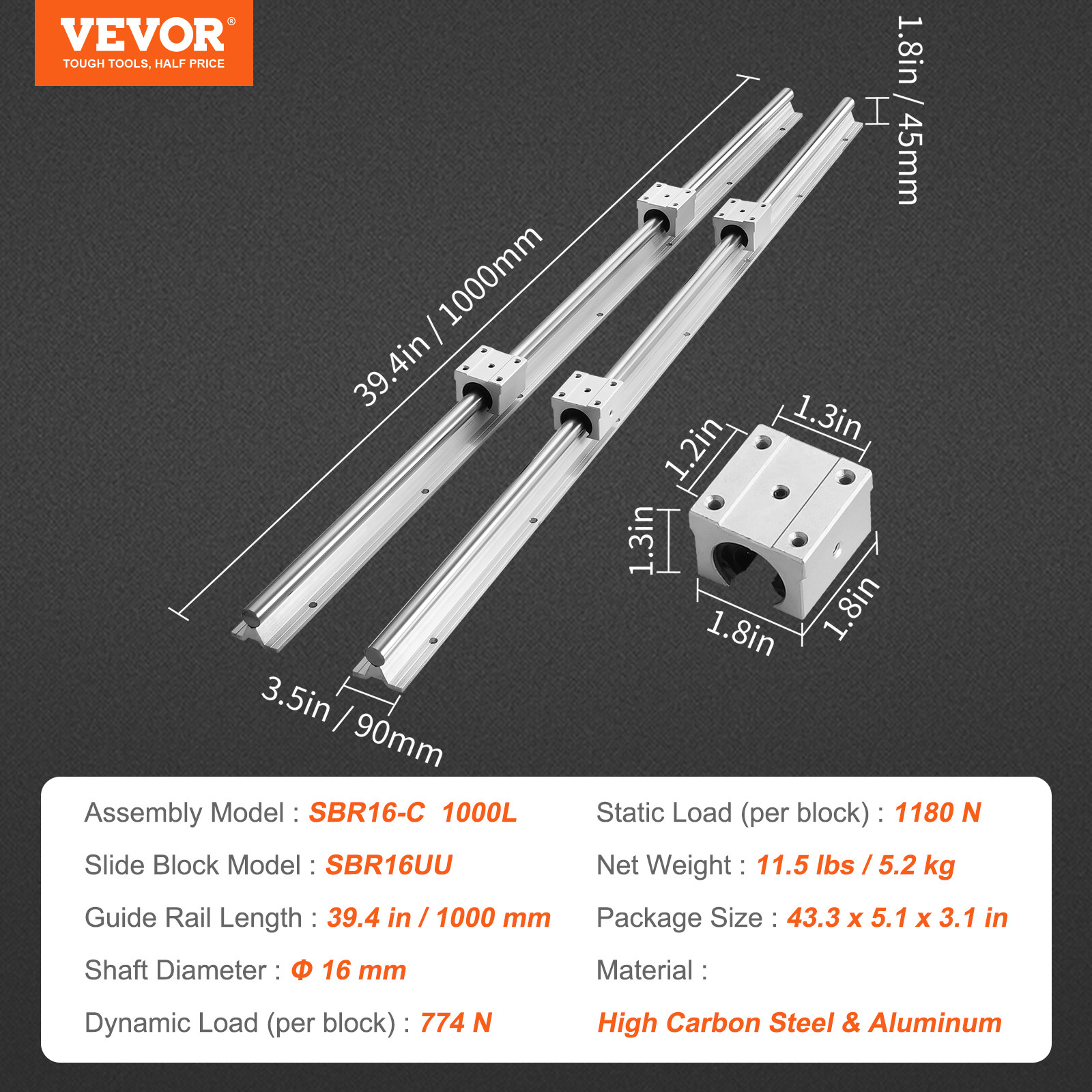 VEVOR 2PCS SBR16 1000mm Linear Guide Rail Slide Rail 4 PCS SBR16UU Bearing Block