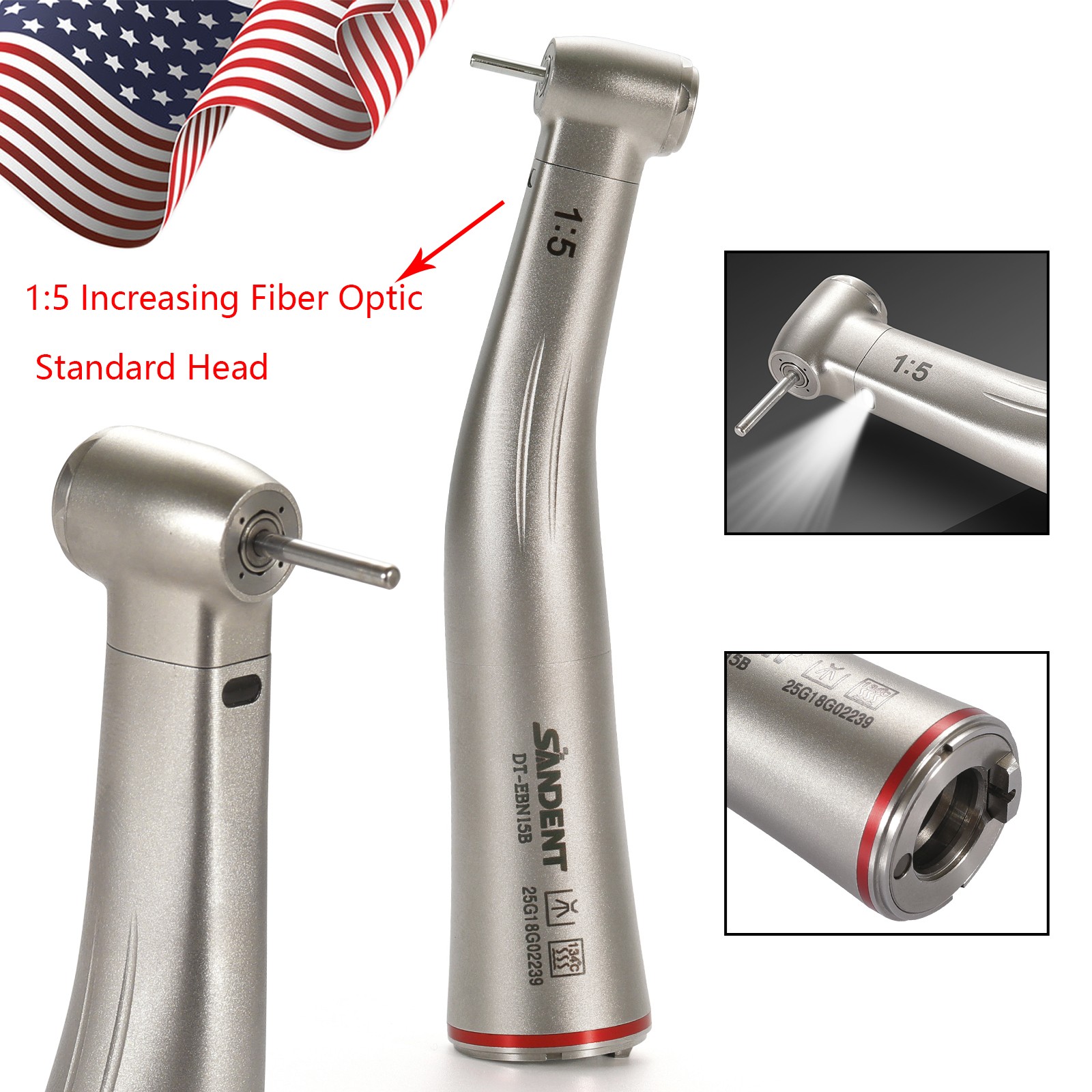 Dental 1:5 Contra Angle Fiber Optic LED Low Speed Handpiece Standard Head