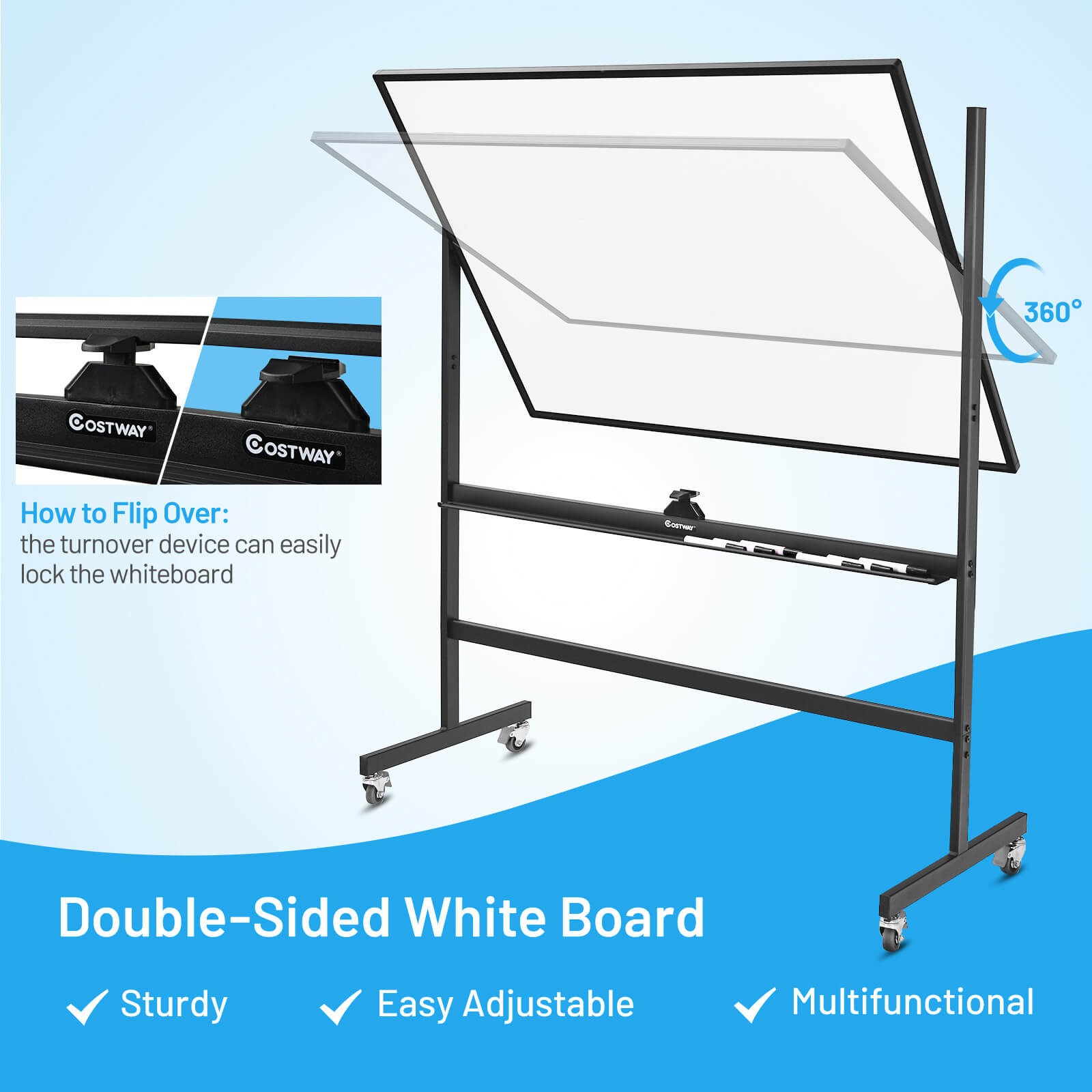 Costway Height Adjust 48″x36″ Mobile Magnetic Double-Sided Reversible Whiteboard
