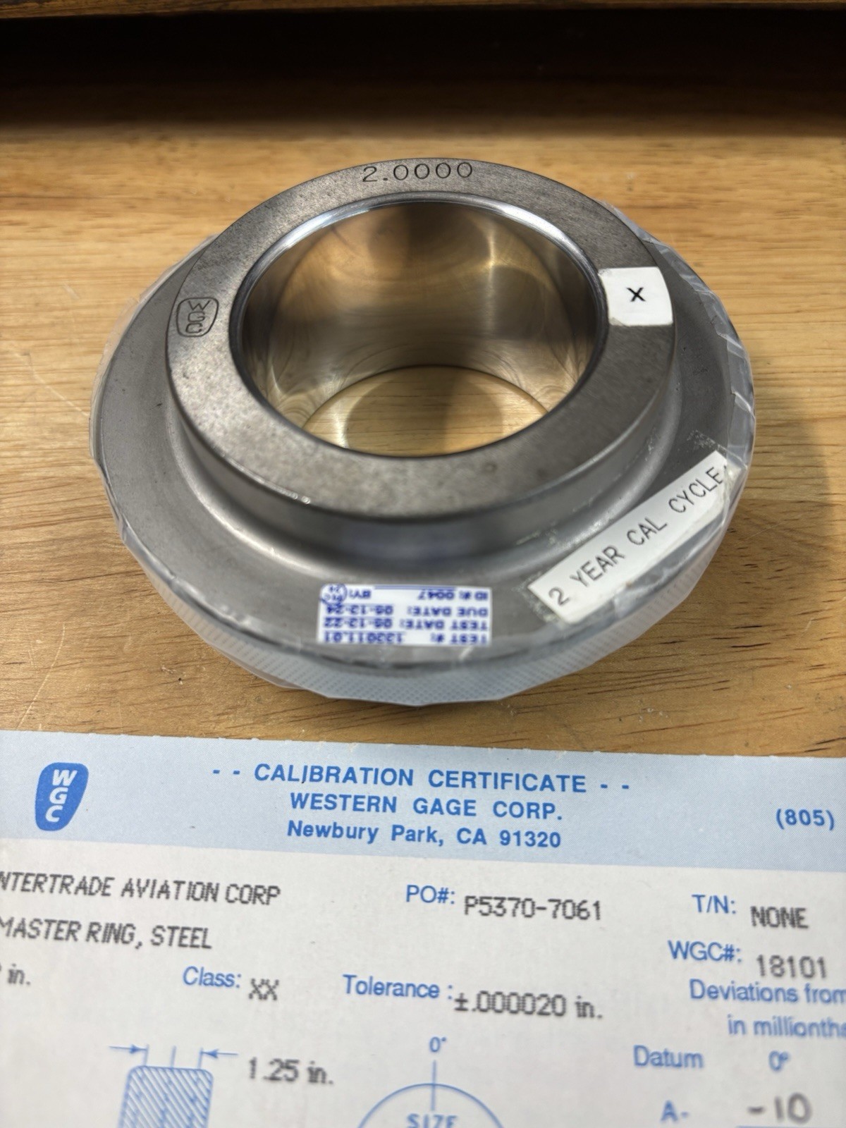 2.0000” CLASS XX MASTER PLAIN BORE Setting RING GAGE on size w/calibration Cert.