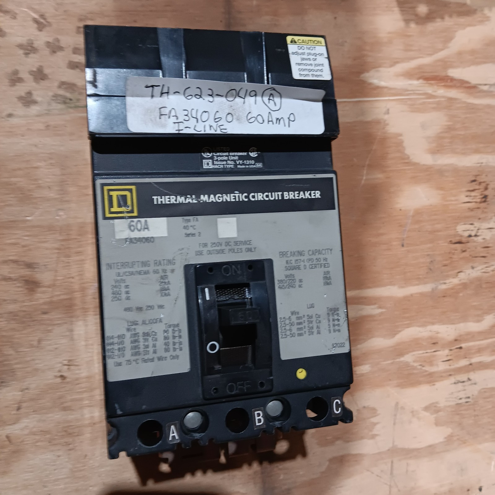 Square D FA34060 60Amp 3Pole 18kA@480VAC I-Line Breaker Excellant condition.