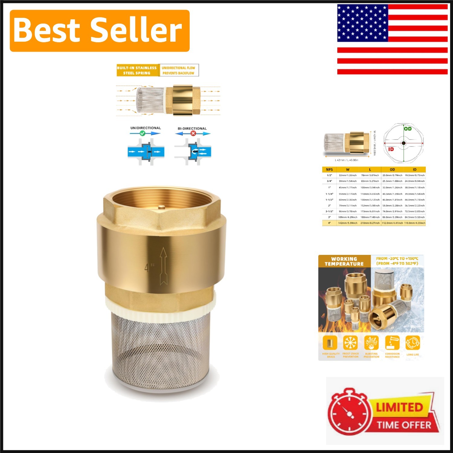 Durable 4″ Brass Foot Valve with Integrated Filter – Explosion-Proof Check Valve