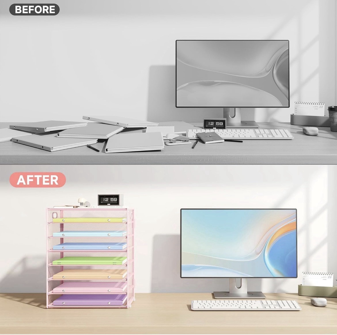 8-Tier Letter Tray Desk Paper Organizer, Mesh File Sorter Tray Organizer – Pink