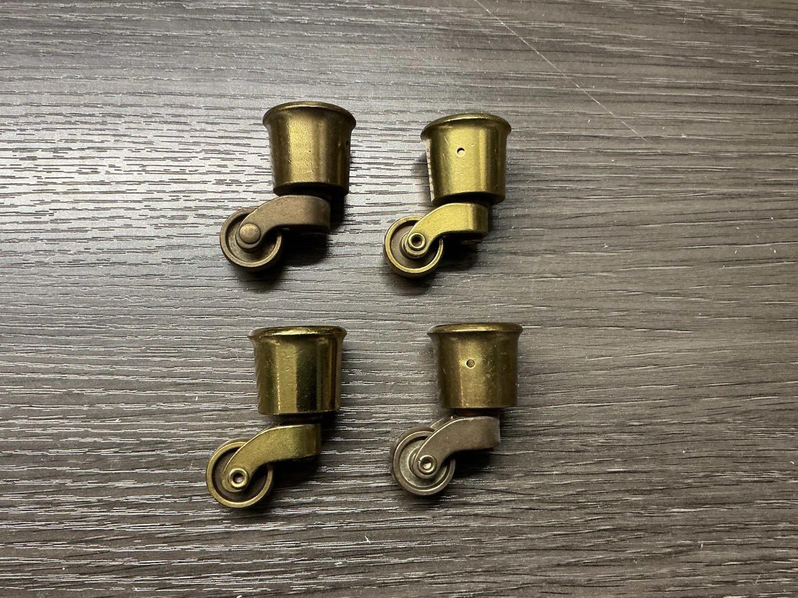 4 Brass Wheels Furniture Swivel Casters Fits 3/4” Diameter Tapered Leg NOS