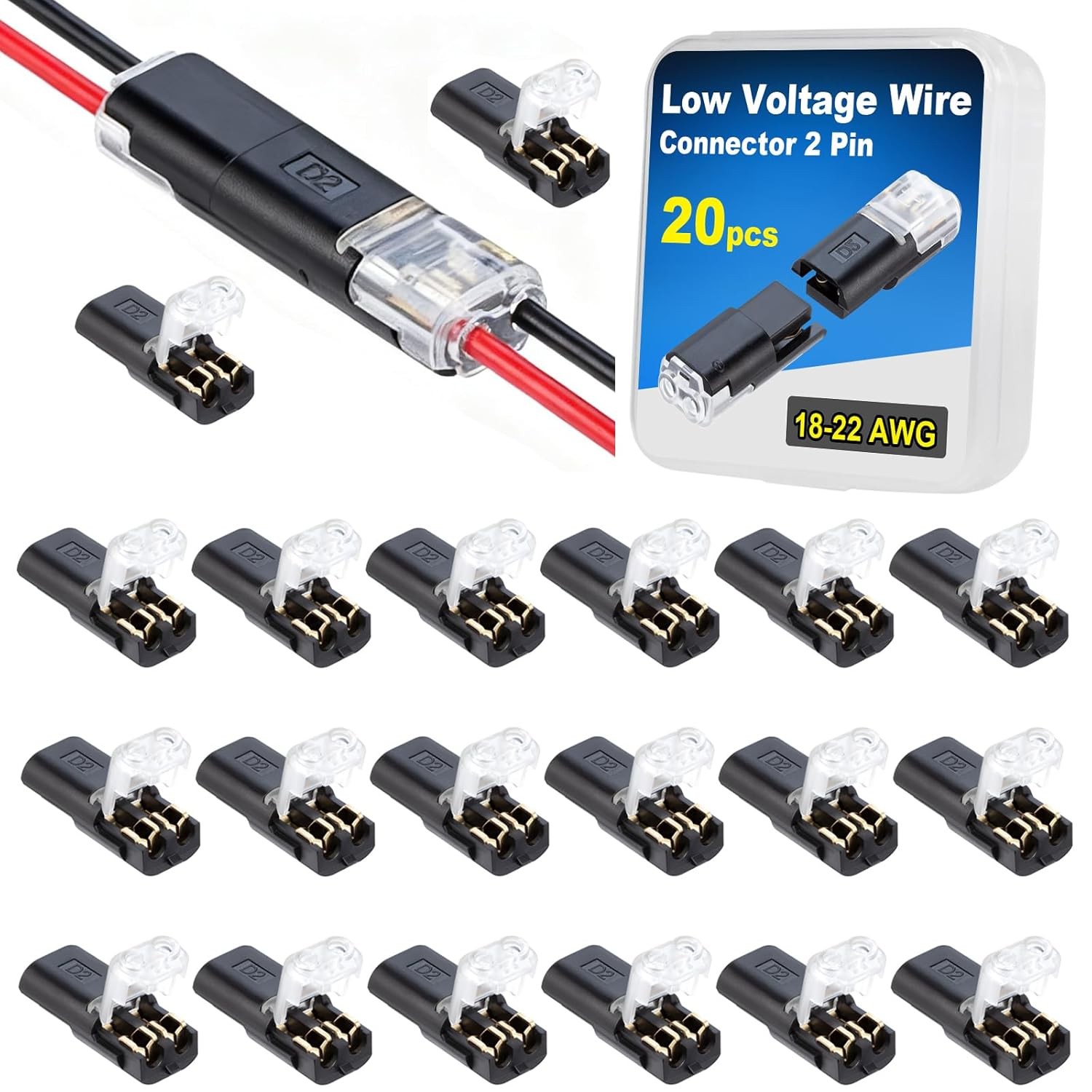 Double Wire Lock-Grip Connector, 2 Pin LED Light Strip Connector with Locking Bu