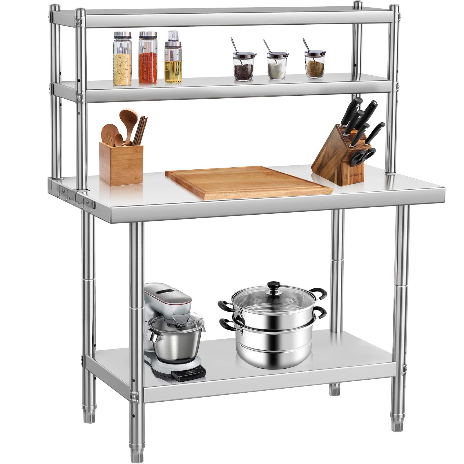 30*24in/36*24in/48*24in Metal Kitchen Stainless Steel Table with Overshelves