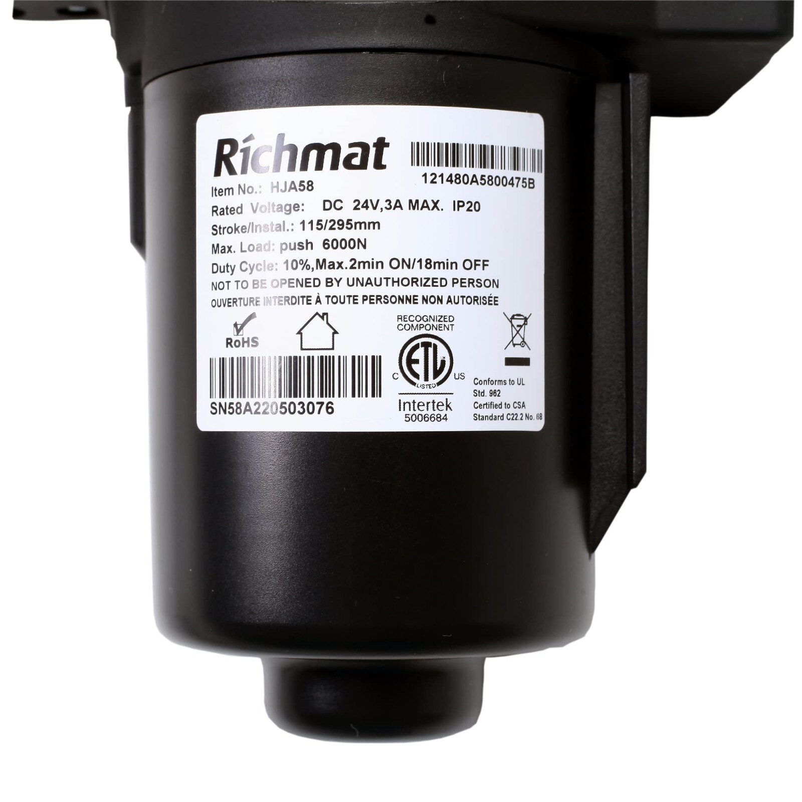 Adjustable Bed Richmat HJA58 Head Motor Stroke 115mm Minimum install size 295mm