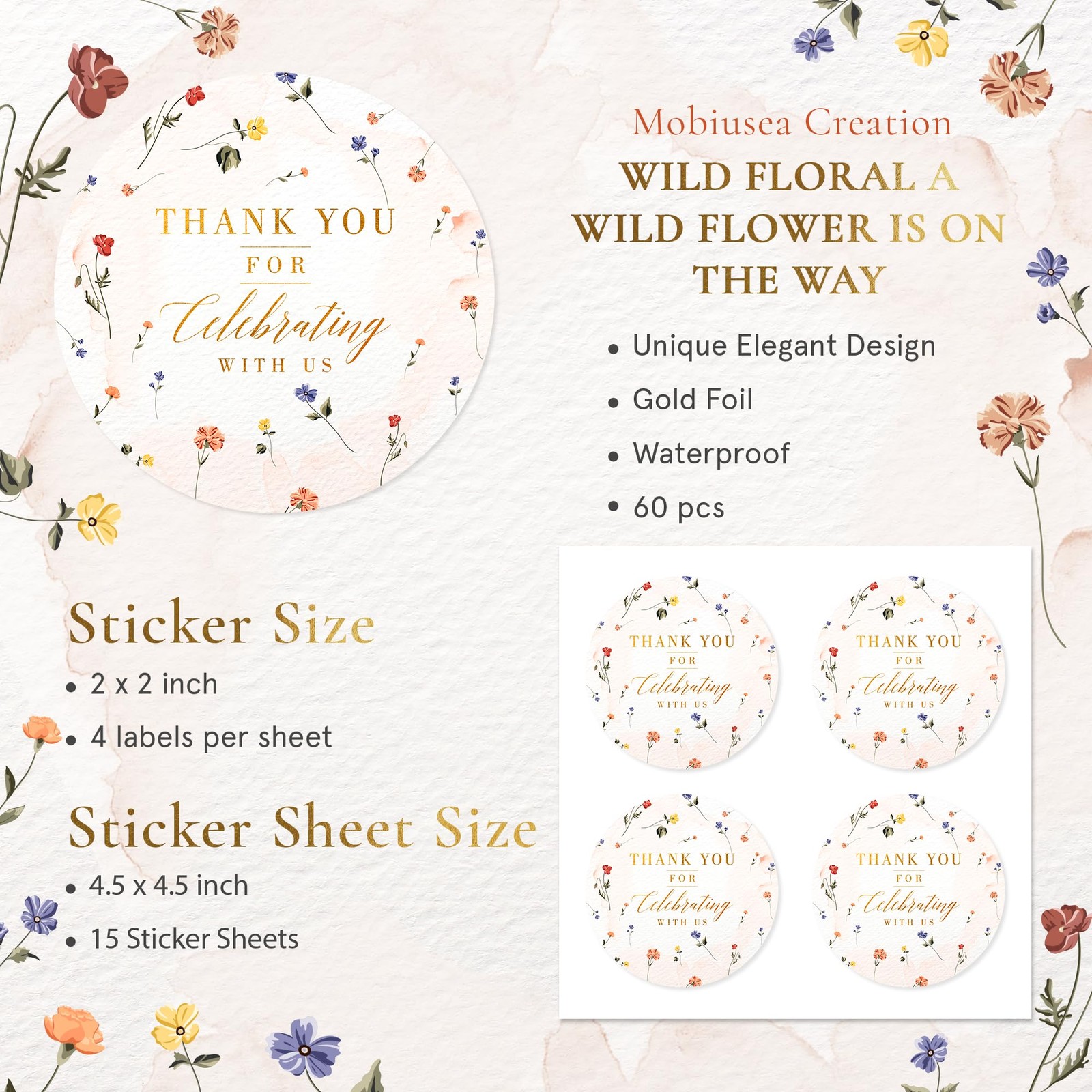 Spring Wild Floral Wedding Thank You Labels Thank You for Celebrating with St…