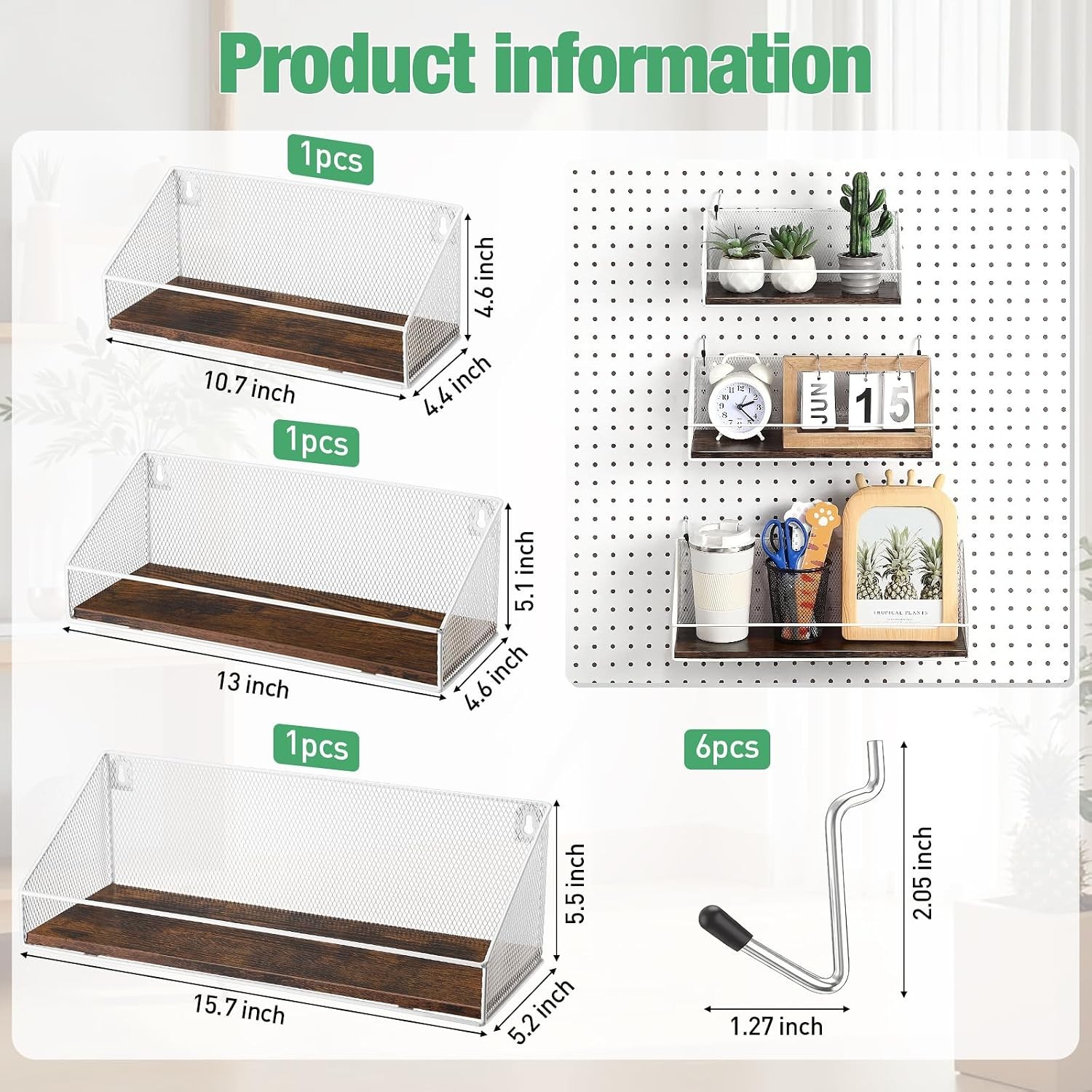 Pegboard Accessories 3 Pack Baskets Wood Shelves Hooks for Garage Home US