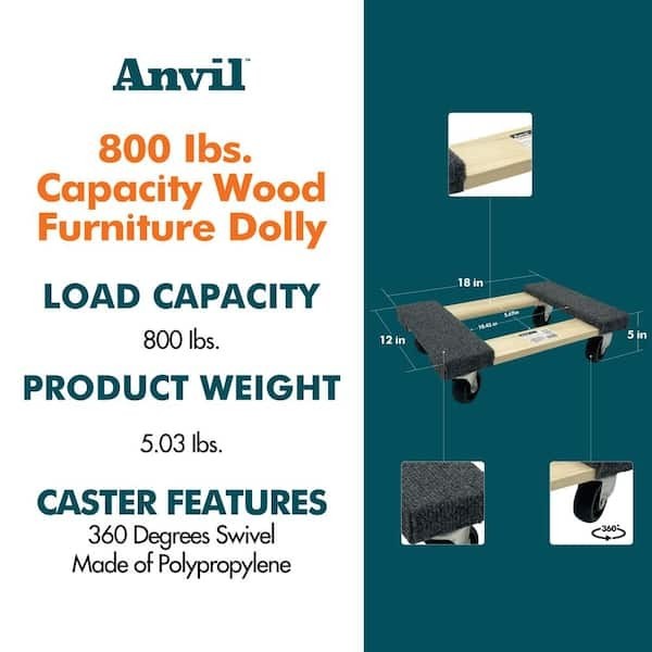 800 lbs Capacity 18 in Wood Furniture Dolly Heavy Duty Moving Cart Roller