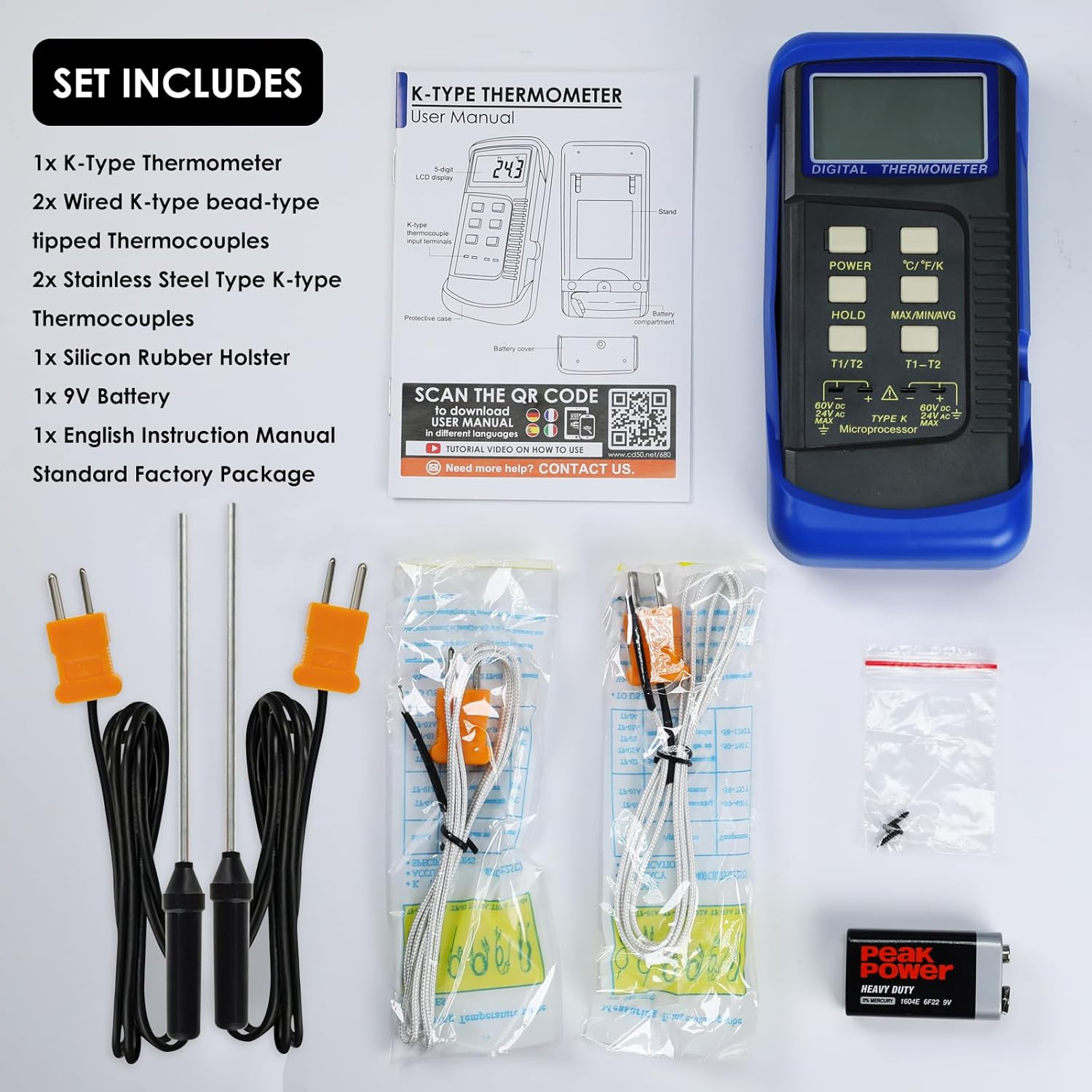 Digital K Type HVAC Thermometer with 4 Thermocouples, MAX/MIN/AVG Temperature Me