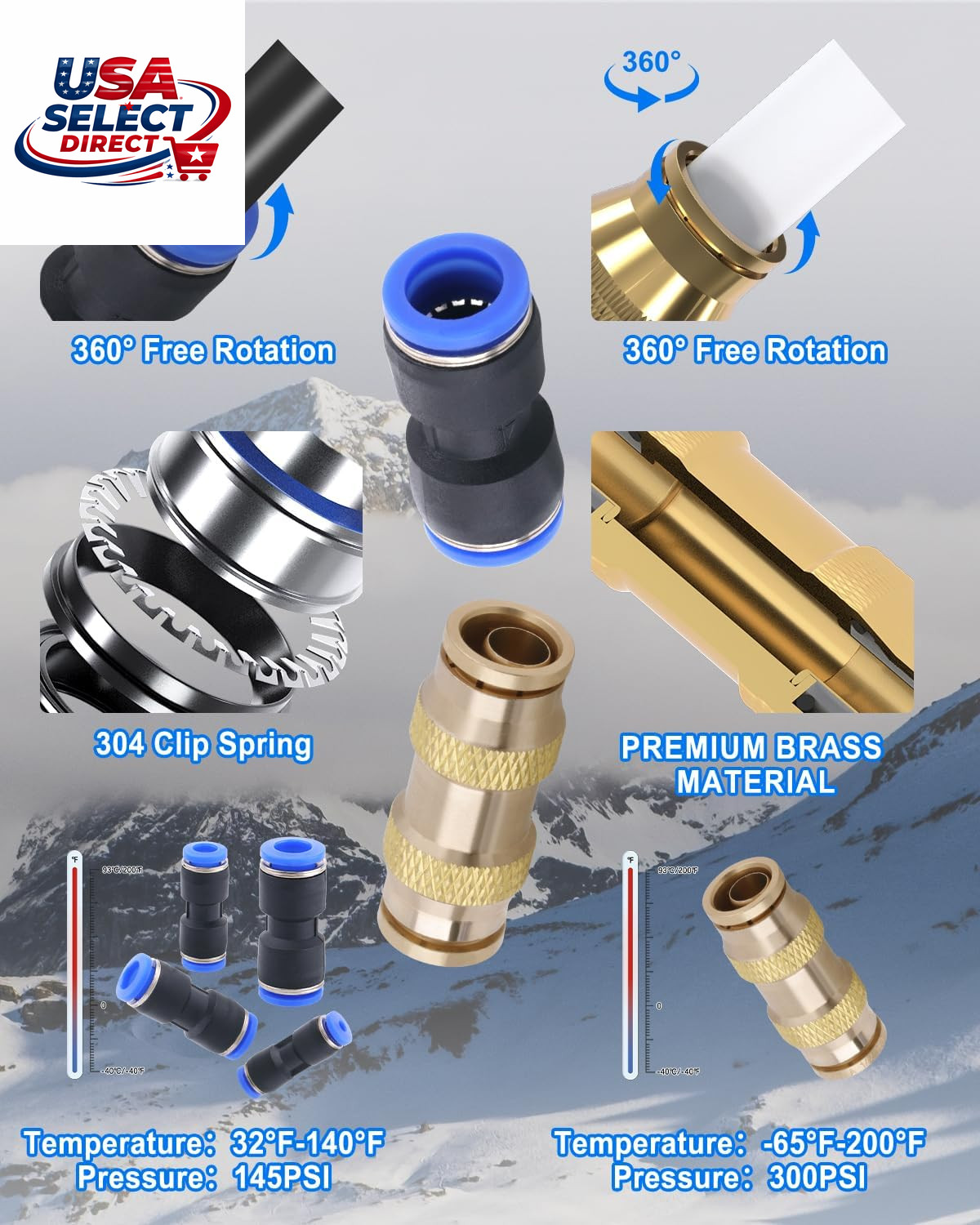 50PCS Push to Connect Fittings Kit, Plastic & Brass Connectors