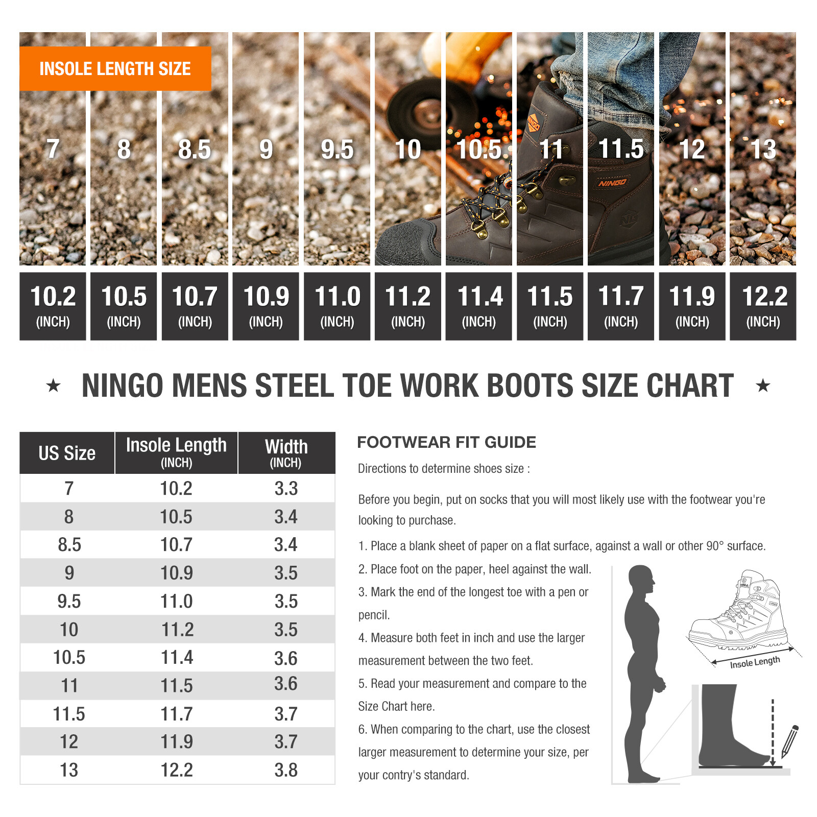 NINGO Men’s Steel Toe Work Boots Leather Industrial & Construction Safety Boots