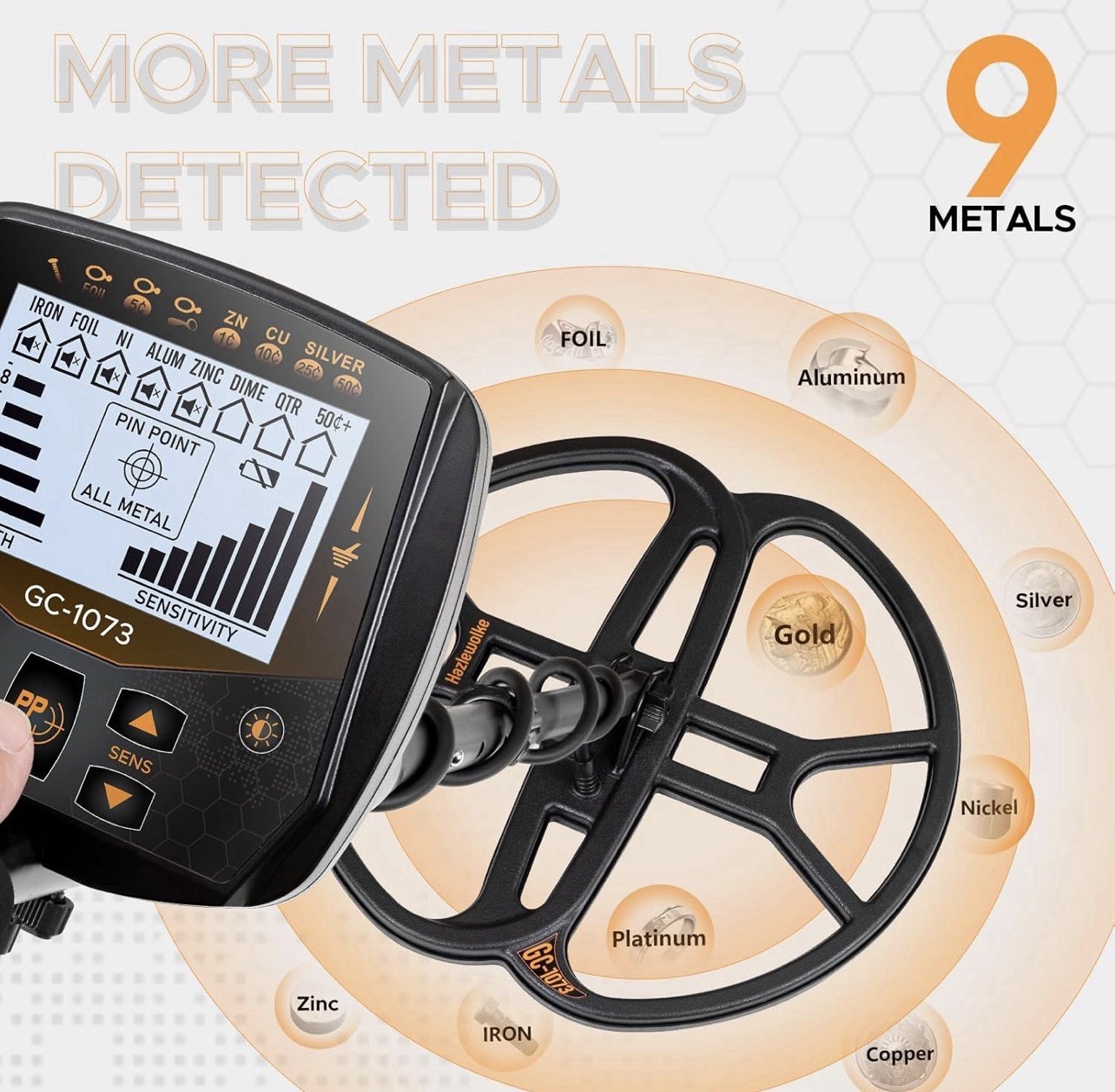 13″ Metal Detector for Adults Professional, Double-D Waterproof Search Coil Gold