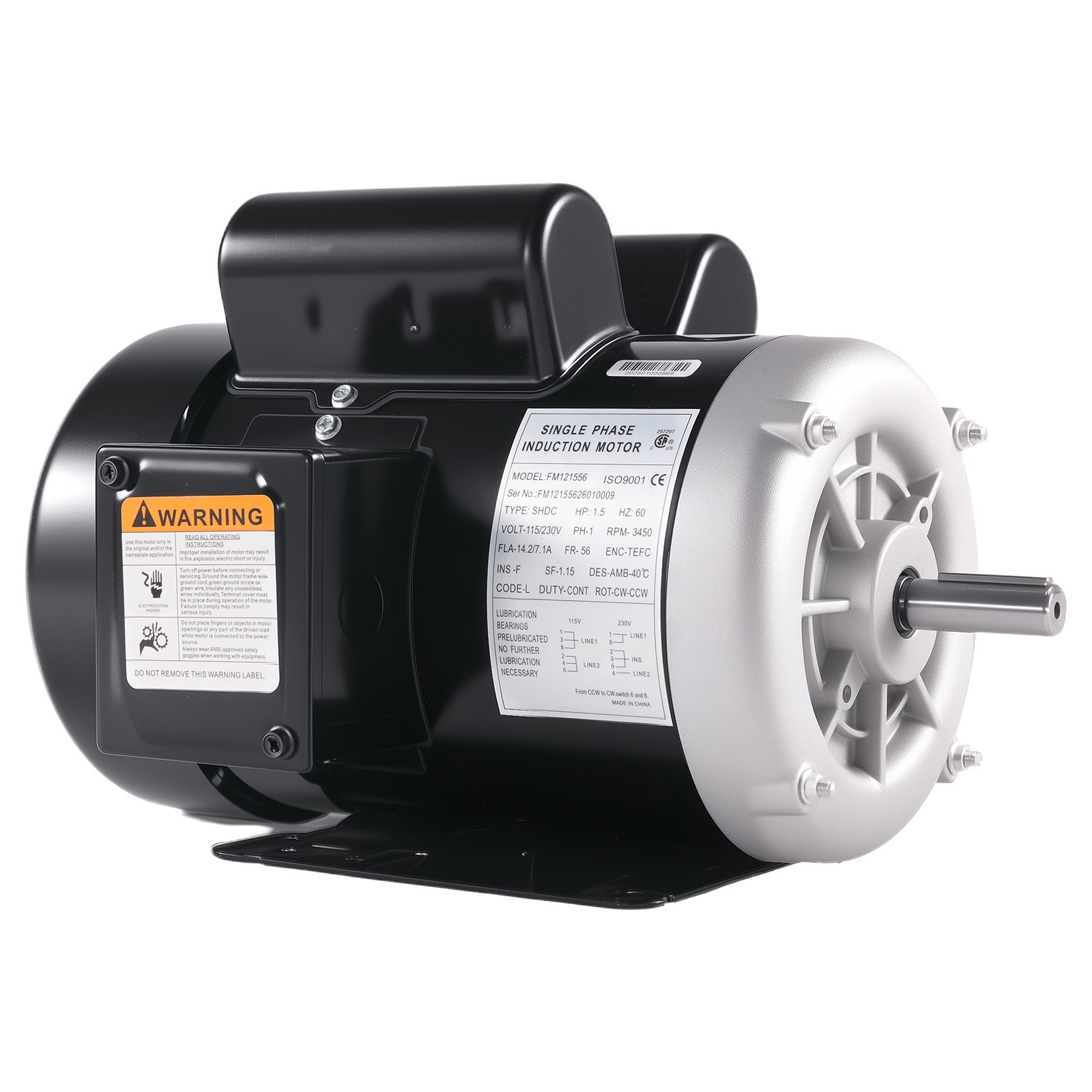 1.5HP Electric Motor 3450 RPM, AC 115V/230V, 5/8″ Shaft, Air Compressor Motor