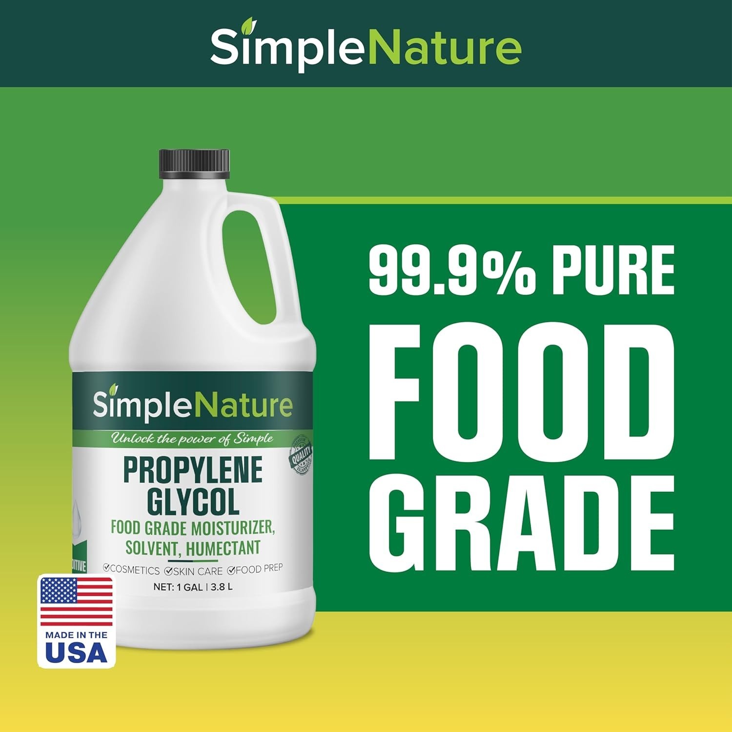 SimpleNature Propylene Glycol Food Grade 99.9% Pure 1 Gallon PG Lab/Personal Use
