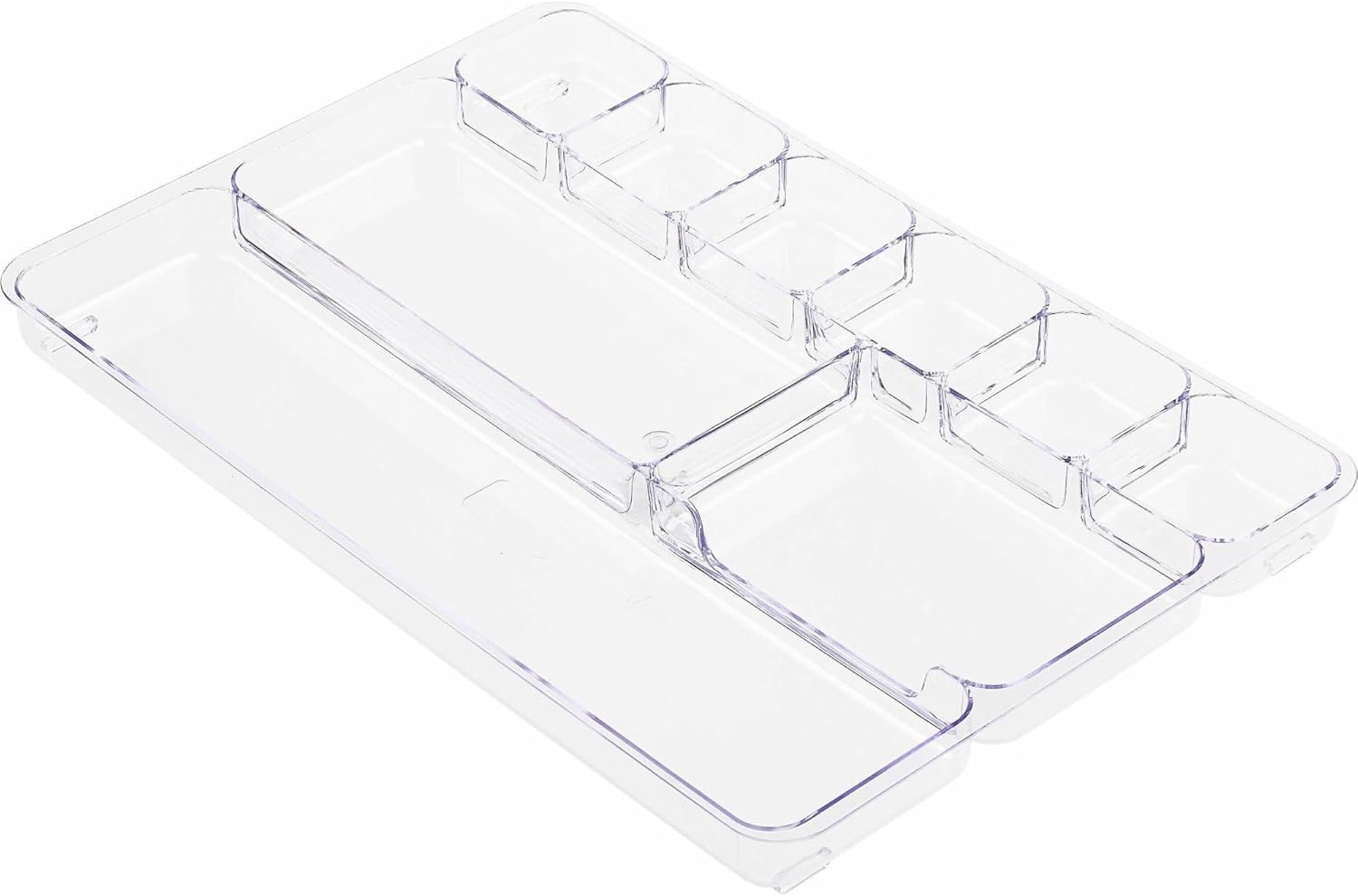 Drawer Tray Organizer, 9-Compartments, 9.38″ x 14″ x 1.25″, Plastic, Clear