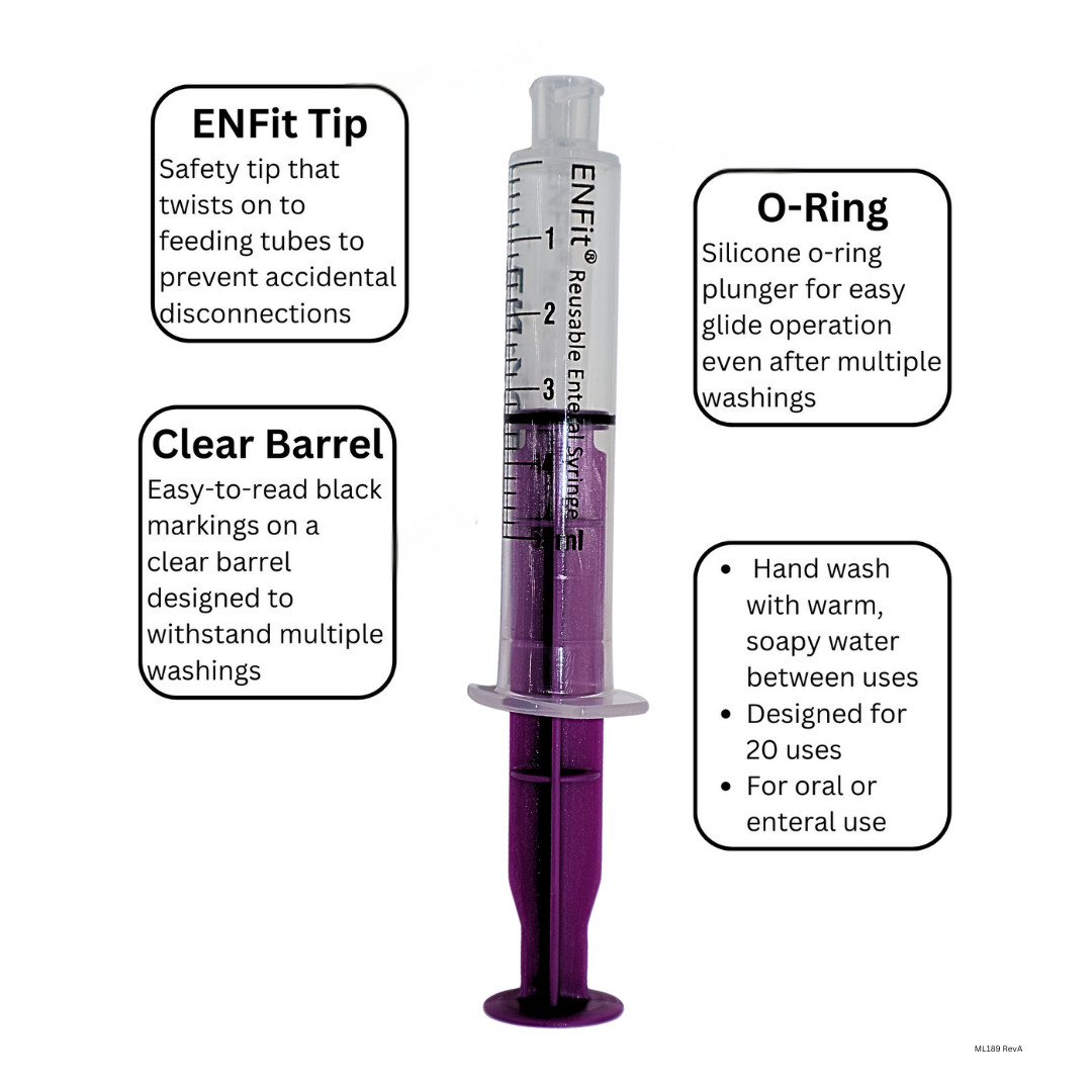 ENFit syringe, 5mL, O-Ring, Reusable Easy Glide Plunger, Pack of 25