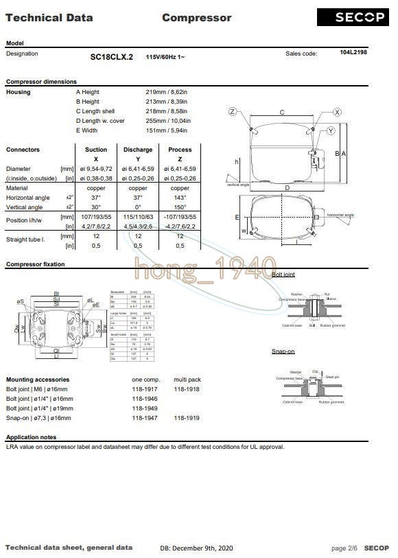 New One SECOP Compressor SC18CLX.2 115V R404a/R507 3/4HP