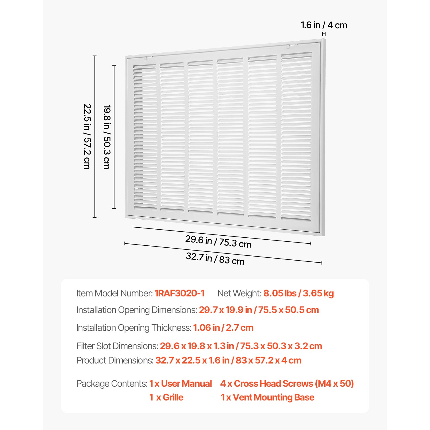 Return Air Filter Grille Fits W30 x H20 In Duct Opening Vent Cover