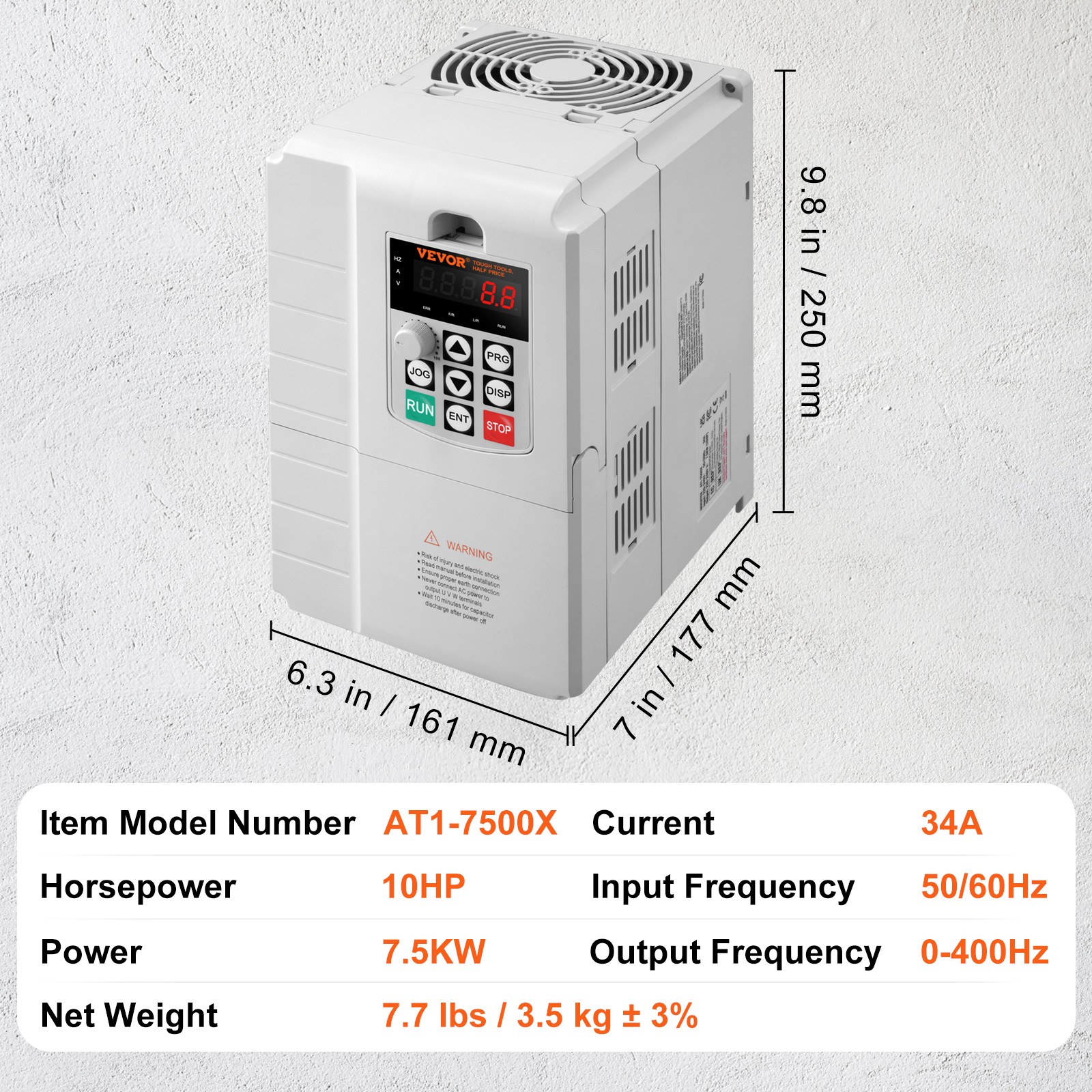 VEVOR VFD 7.5KW,34A,10HP Variable Frequency Drive for3-Phase Motor Speed Control