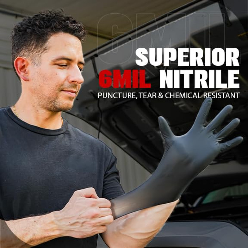 Heavy Duty 6 Mil Black Nitrile Gloves – Disposable, Latex & Powder Free | Mechan