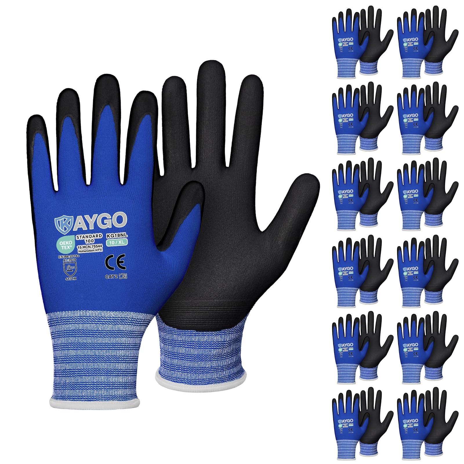 Safety Work Gloves MicroFoam Nitrile Coated 12 Pairs KAYGO KG18NB Seamless Knit