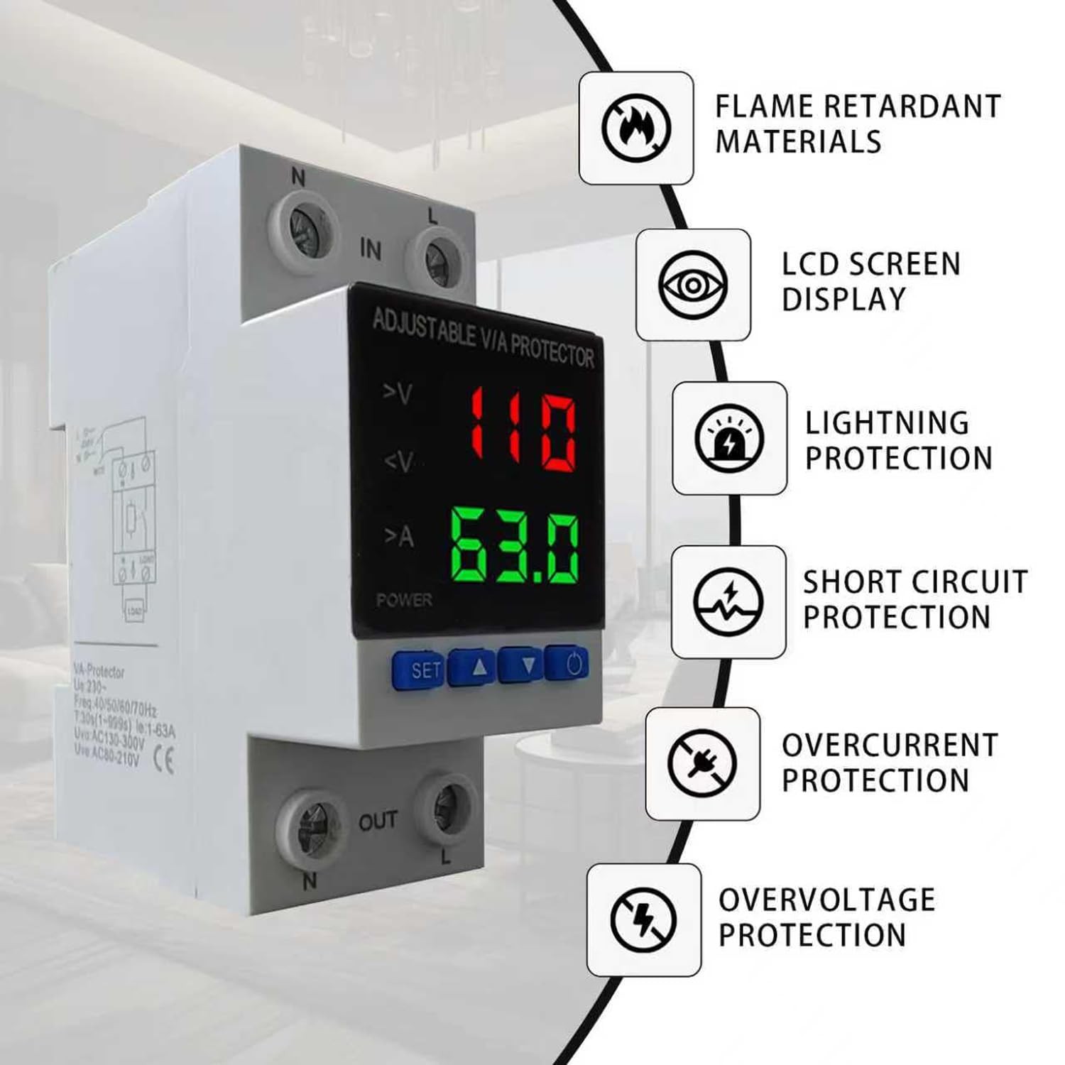 Voltage Protector AC 110V 220V/DC 80-300V 1-63A Adjustable Smart Circuit
