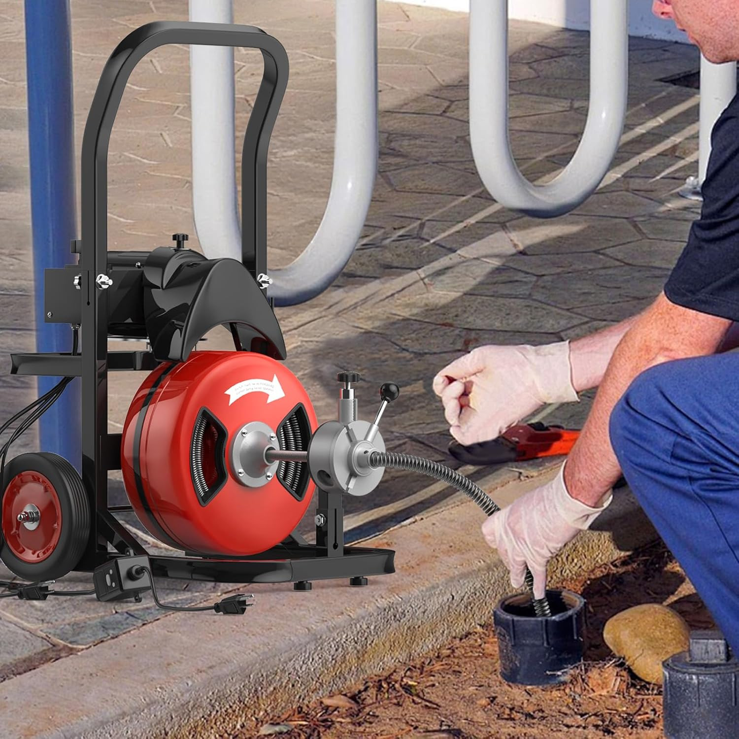 Drain Cleaner Machine Electric Drain Auger 75 FT x 1/2 In Auto Feed with Cutters
