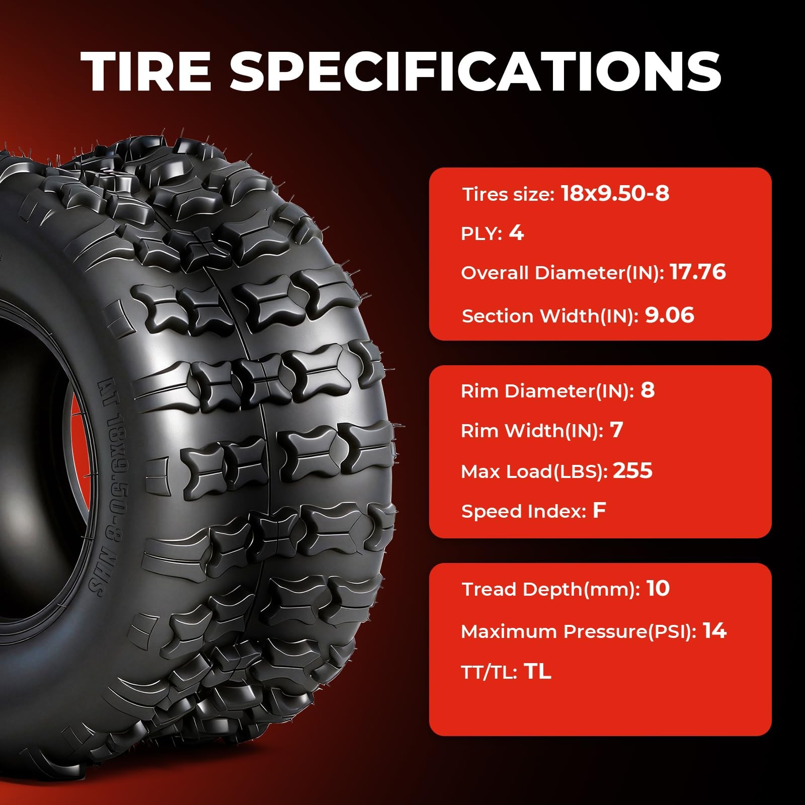 Set of 2 ATV UTV Tires 18×9.5×8 4 Ply All Terrain Tubeless Non Directional Tread