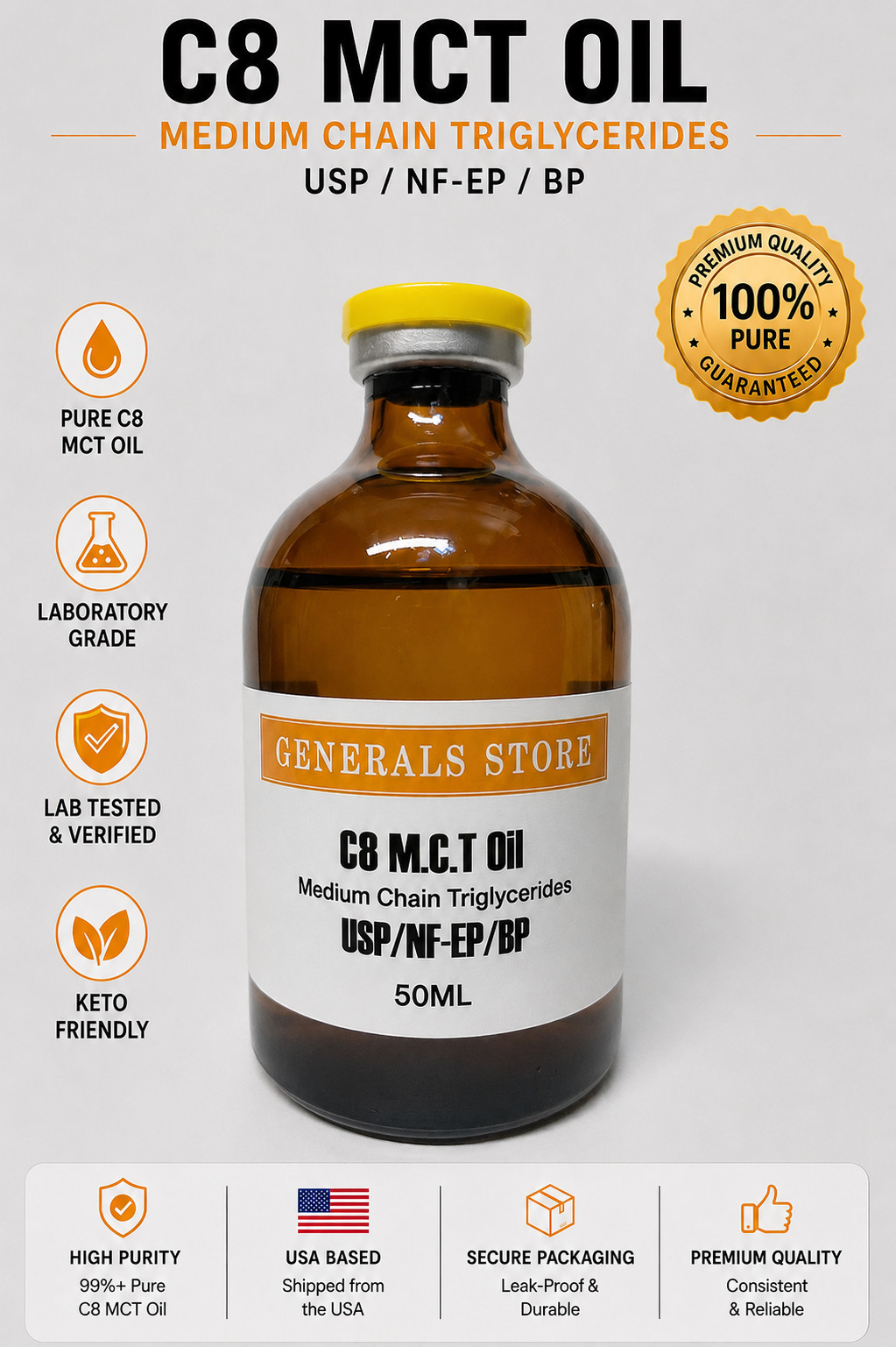 MCT Oil – C8, USP/NF (EP/BP) FCC KOSHER -100ml Vial