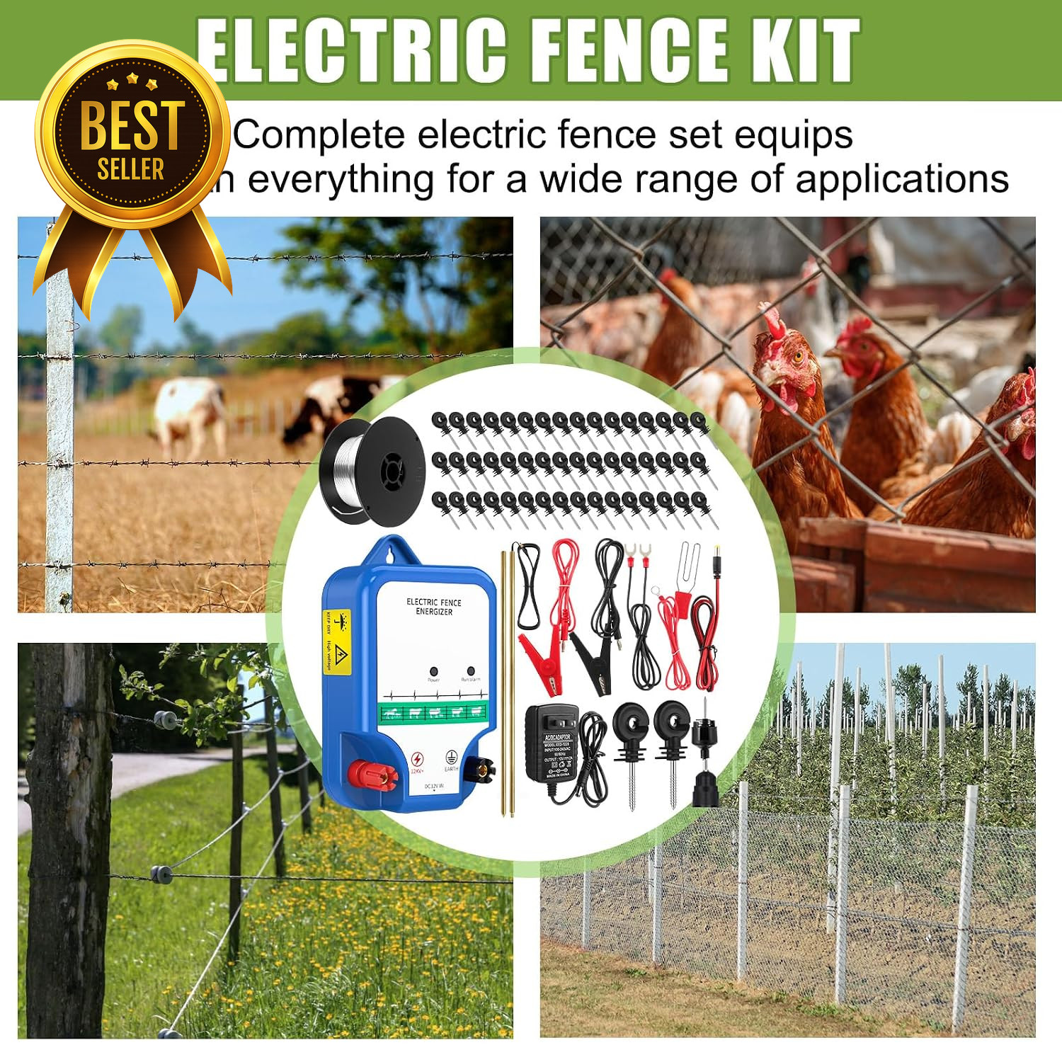 8 Mile 12KV Electric Fence Kit AC DC Charger with Wire Insulators