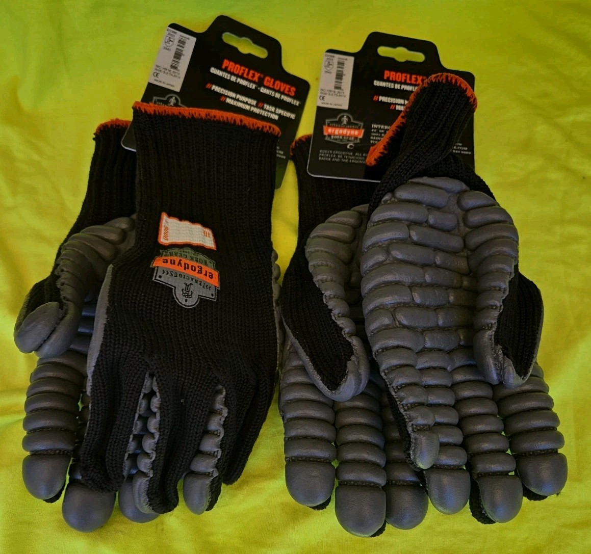 2 NEW PAIRS ERGODYNE PROFLEX ANTI-VIBRATIONS GLOVES #9000 LARGE BLACK & GRAY
