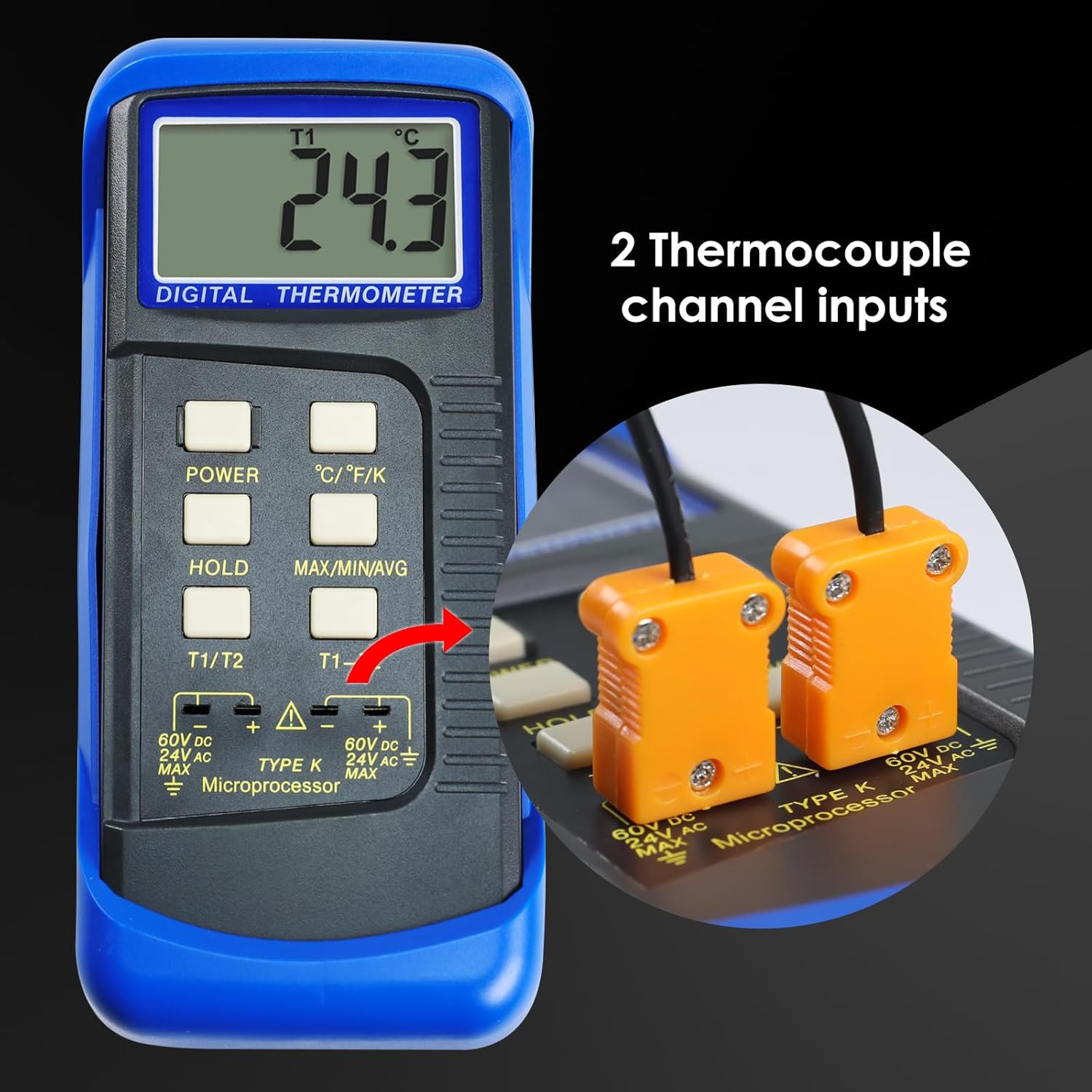 Digital K Type HVAC Thermometer with 4 Thermocouples, MAX/MIN/AVG Temperature Me