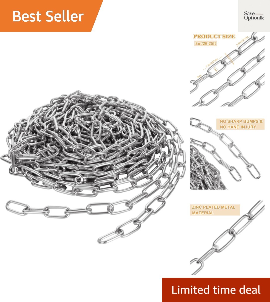 8M Galvanized Metal Coil Chain, 1/8In × 26.25Ft Heavy Duty Chain Links 3mm Sm…