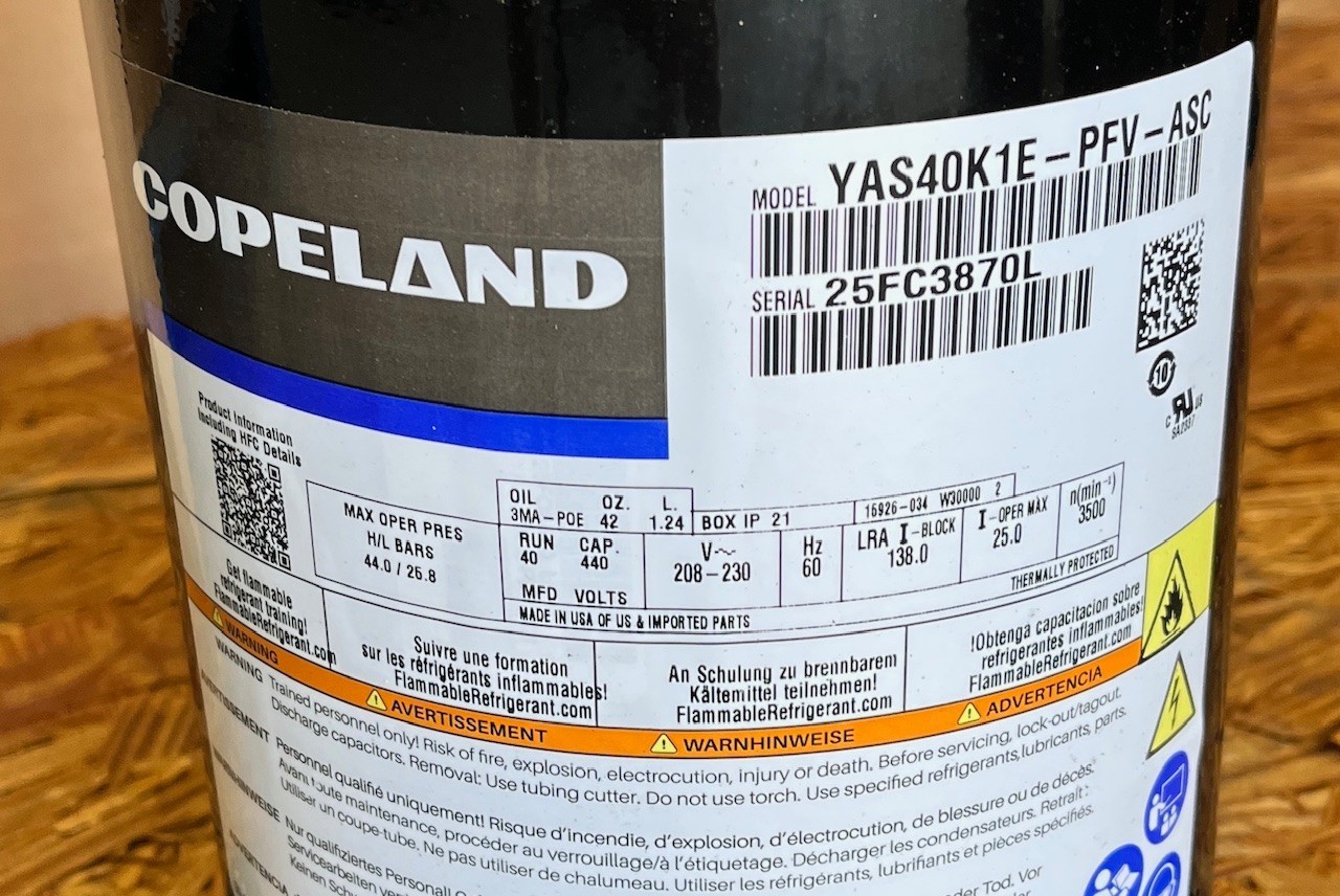 Copeland Hermetic Scroll Compressor YAS40K1E-PFC-ASC 1 Phase 50/60 Hz 200-230V