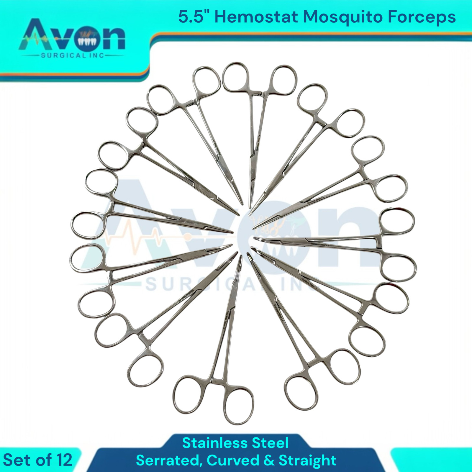 5.5in Hemostat Locking Mosquito Forceps Clamps | Cur+Str, Serrated | 12pc Lot