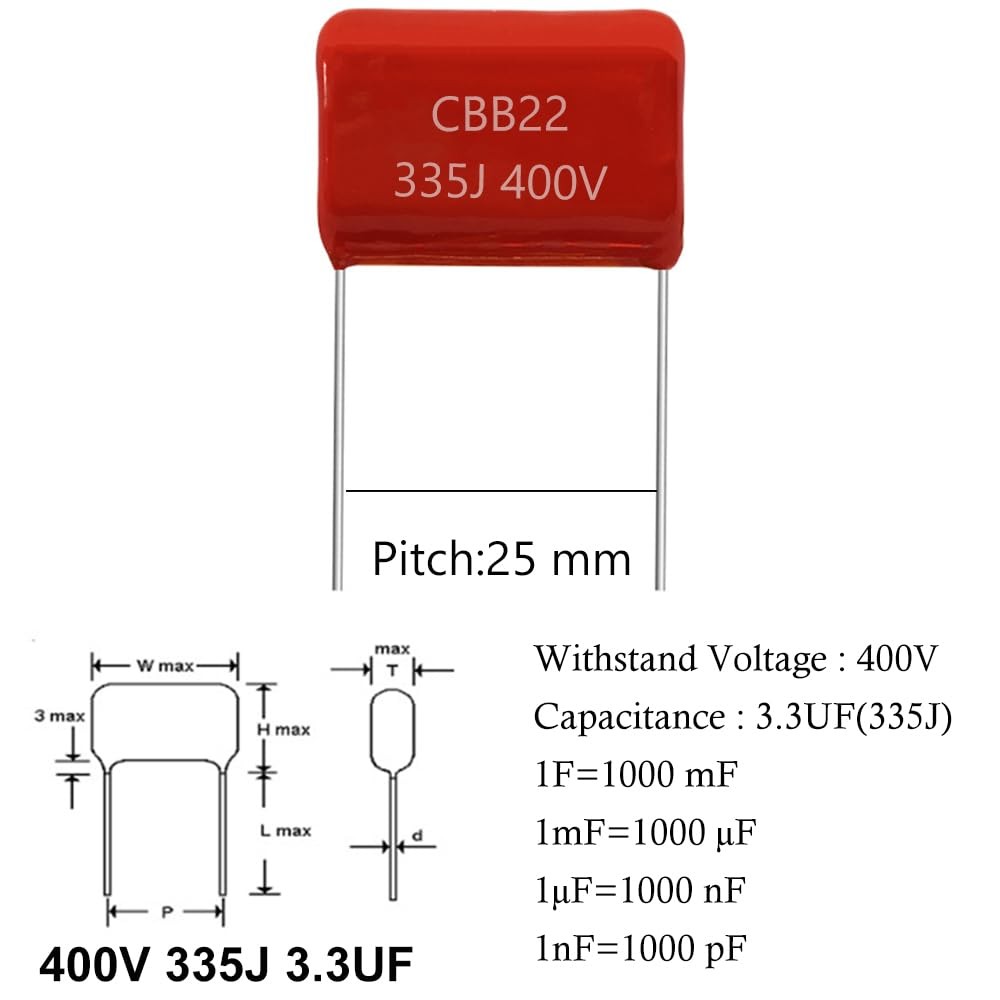 10pcs 400V 335J 3.3UF CB22 Metallized Polypropylene Polyester Film Capacitors…