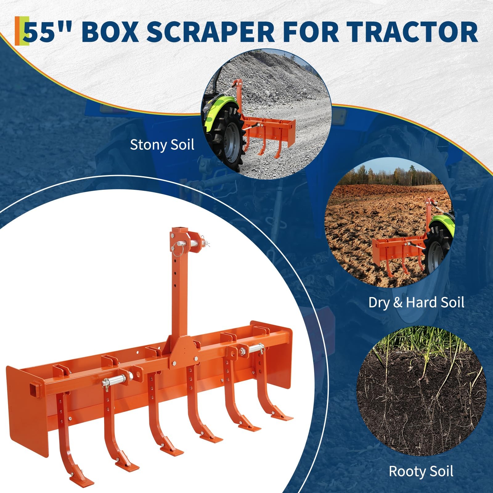 55″ Box Blade Scraper W/ 6 Scarifier Shank For CAT 0 & CAT 1 Tractors, 3 Point