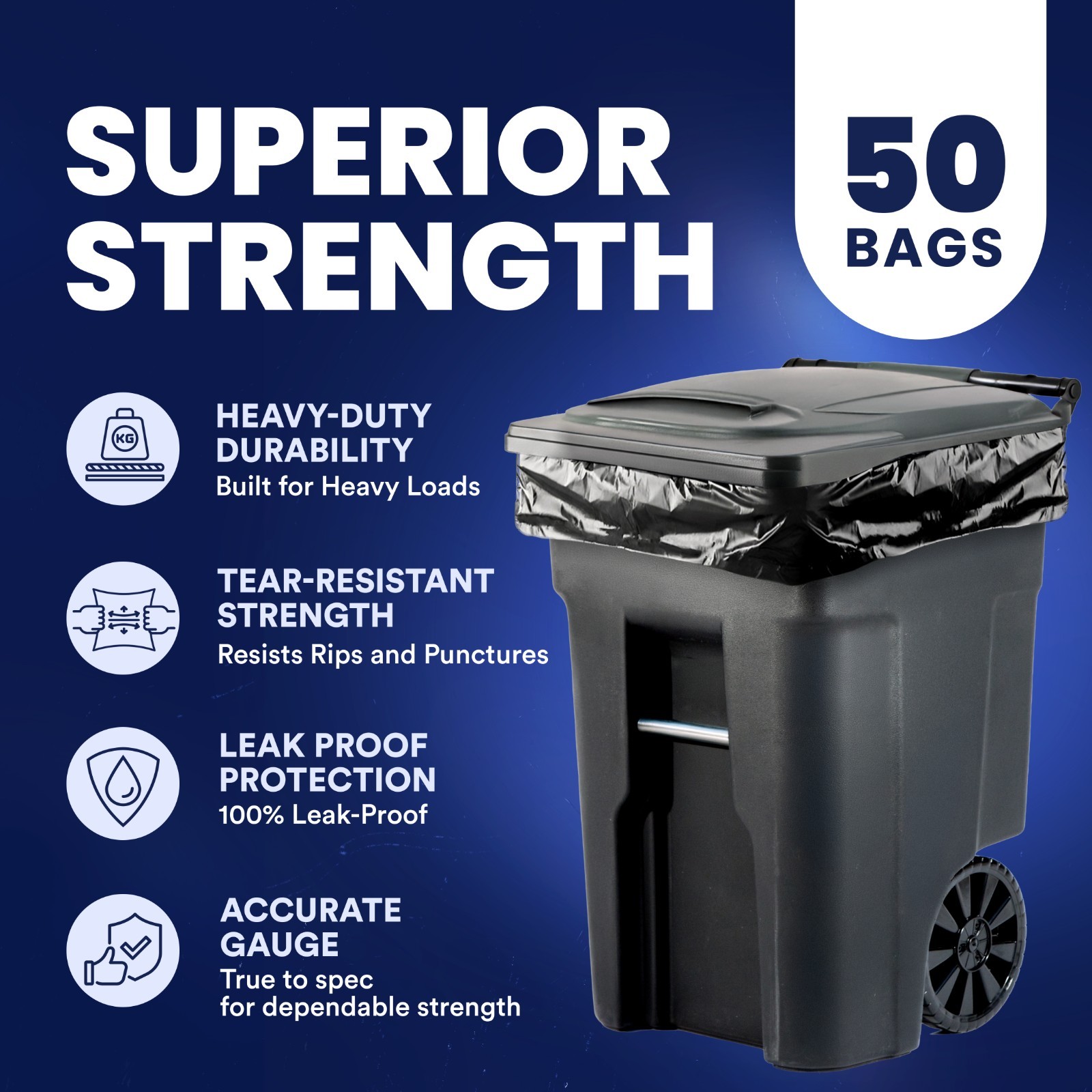 Plasticplace 95-96 Gallon Trash Bags – 1.2 mil thick – 50 Bags on Rolls